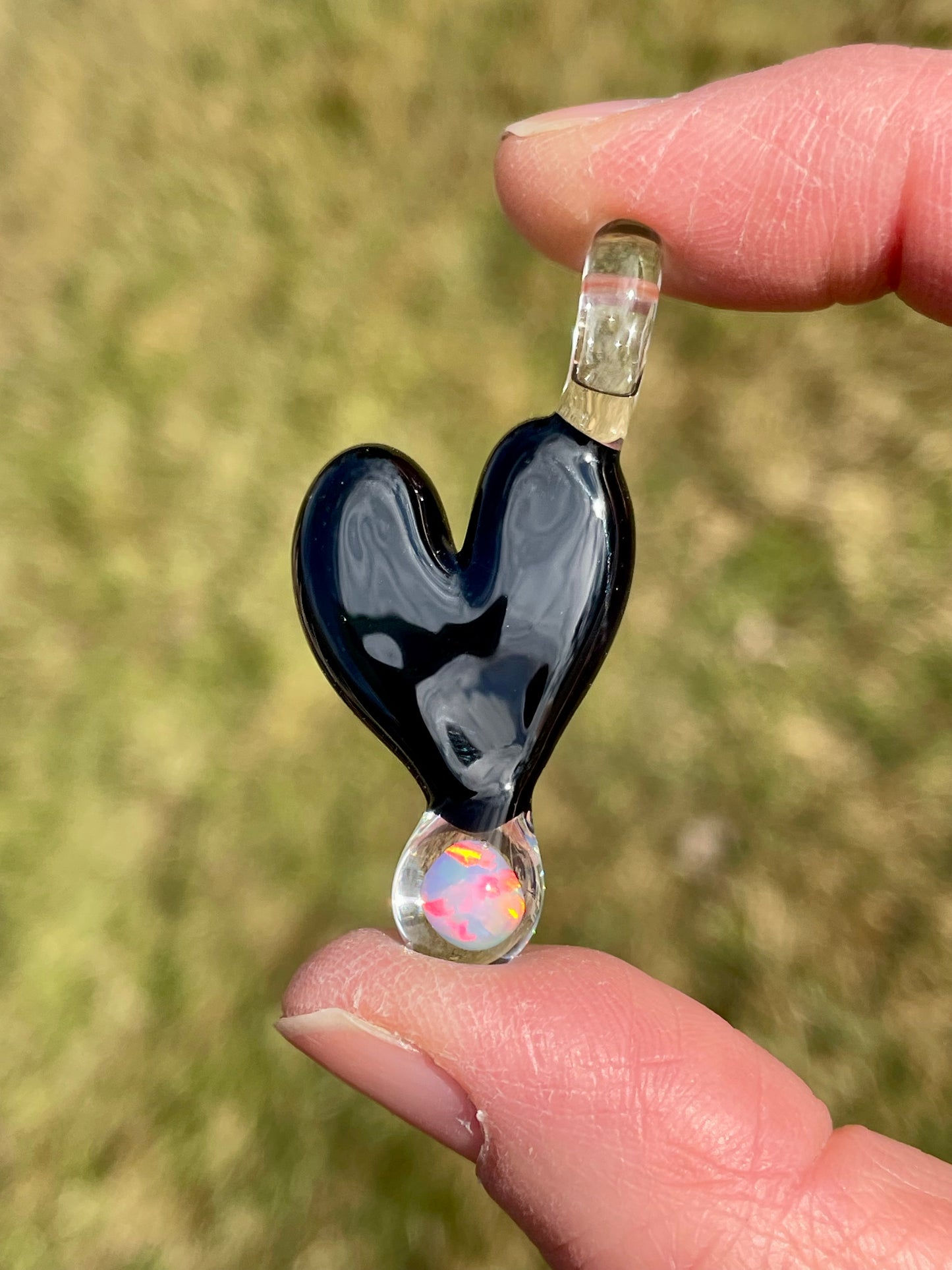 Blown Glass Opal Pendant, Black Heart Necklace for Her, Opal Heart Jewelry, Anniversary Gift gift for wife, Graduation Gift for daughter