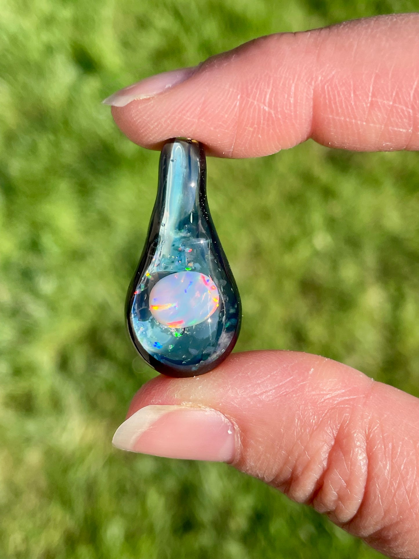 Heady Glass Opal Pendant, Black Blown Glass Pendant, Lampwork Focal Bead, Unique October Birthday Gift, Opal Necklace, Glass Opal Pendant