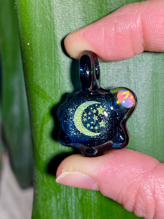 Handmade Glass Opal Pendant, Mystical Moon Stars Necklace, Lunar Jewelry, Crescent Moon Necklace, Unique Jewelry Gift, Opal Pendant Necklace