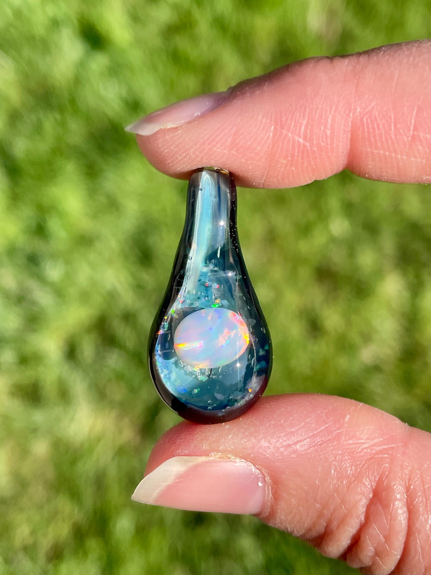 Heady Glass Opal Pendant, Black Blown Glass Pendant, Lampwork Focal Bead, Unique October Birthday Gift, Opal Necklace, Glass Opal Pendant