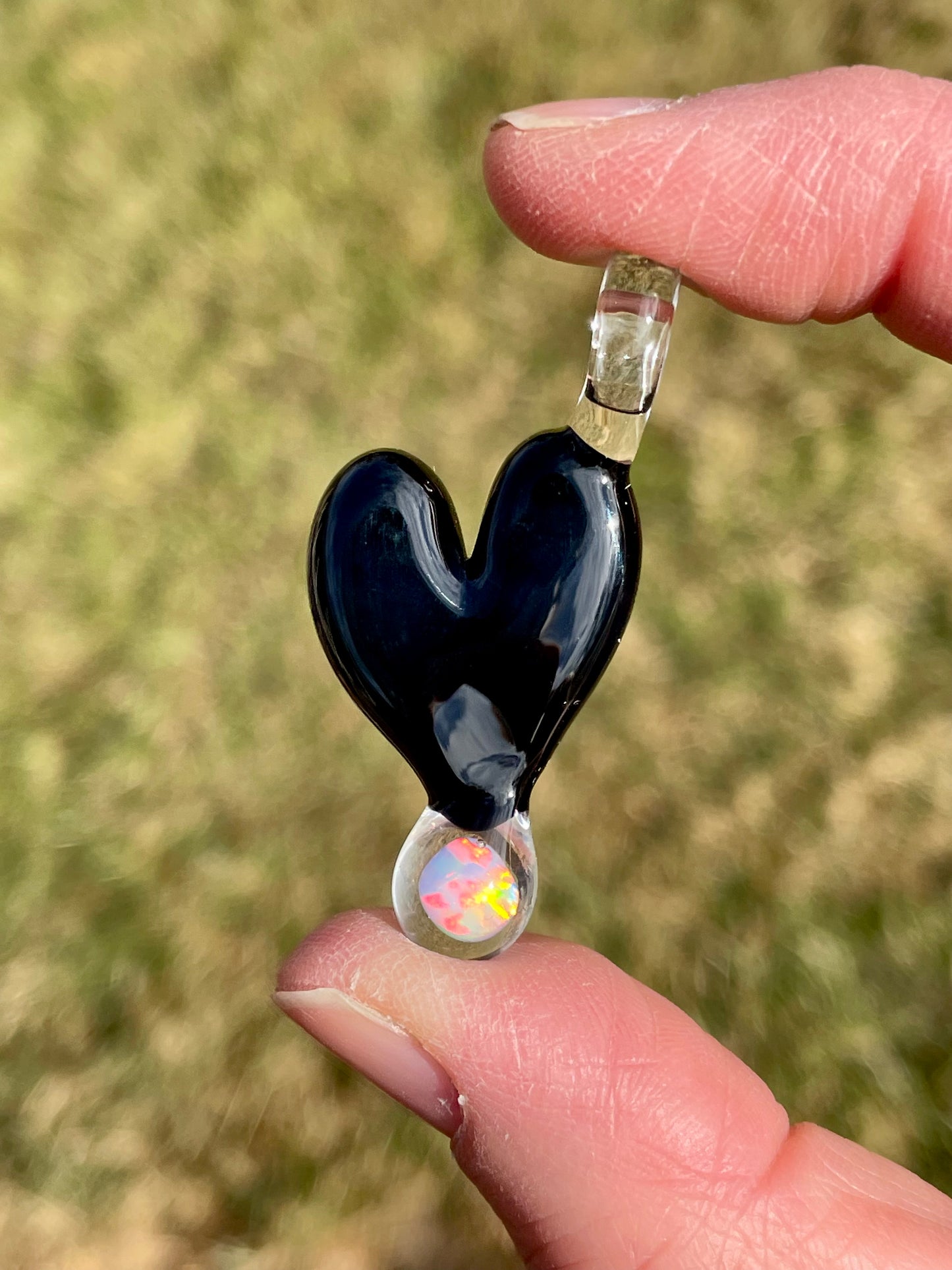 Blown Glass Opal Pendant, Black Heart Necklace for Her, Opal Heart Jewelry, Anniversary Gift gift for wife, Graduation Gift for daughter
