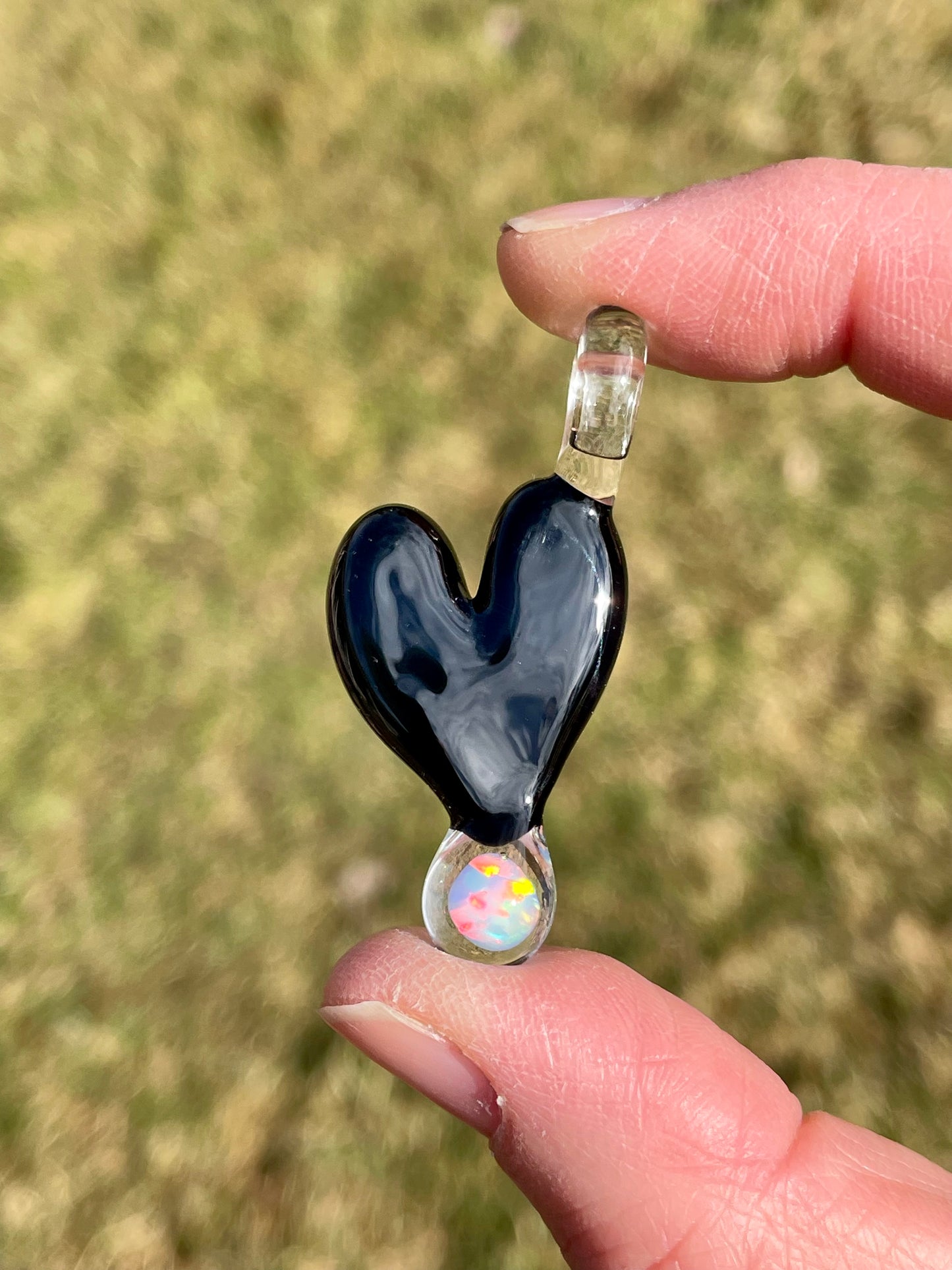 Blown Glass Opal Pendant, Black Heart Necklace for Her, Opal Heart Jewelry, Anniversary Gift gift for wife, Graduation Gift for daughter