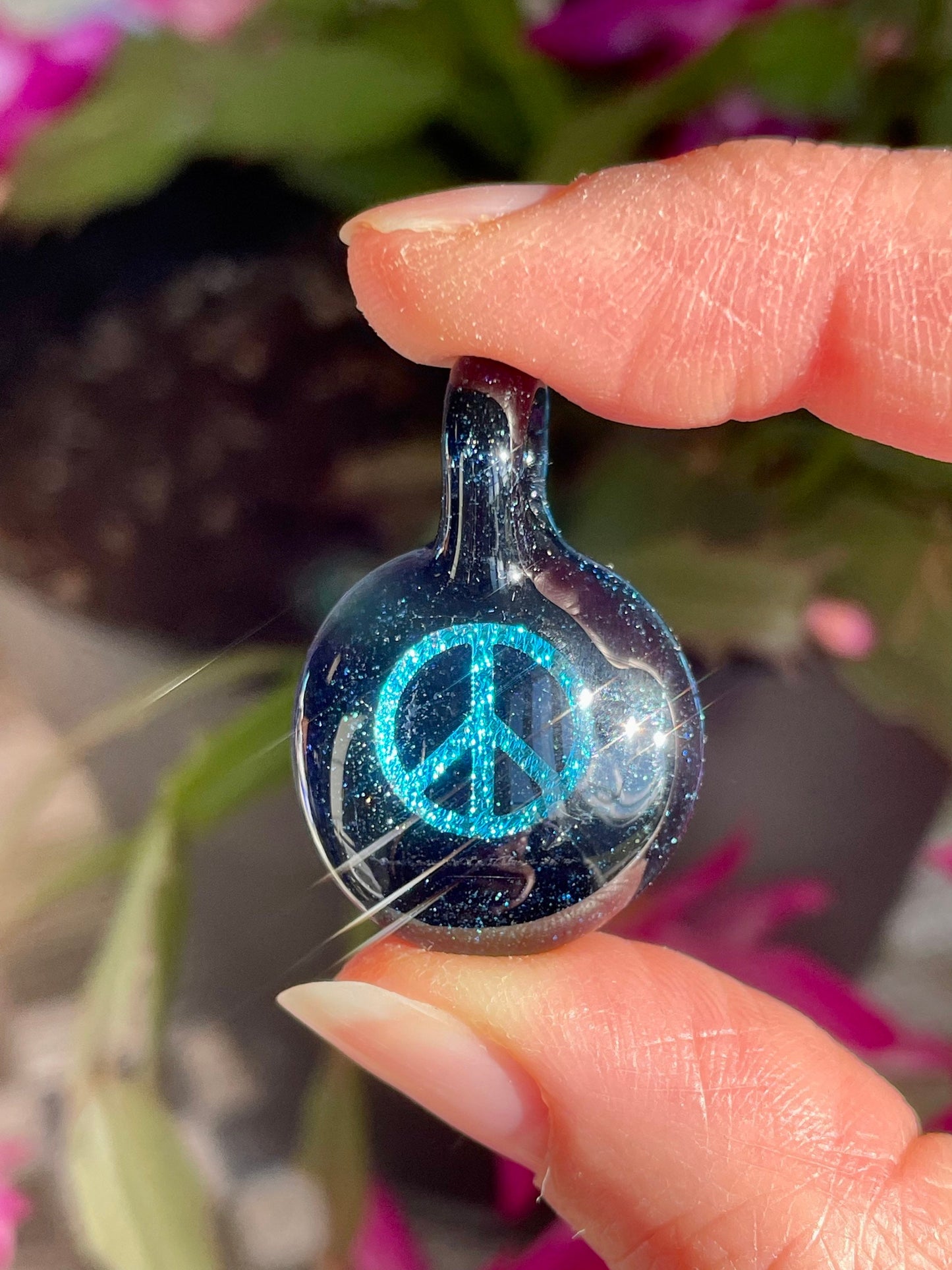 Peace Necklace - Gift for Her - Blown Glass Dichroic Pendant - Sister Birthday Gift - Lampwork Focal Charm Bead - Unique Peace Sign Pendant