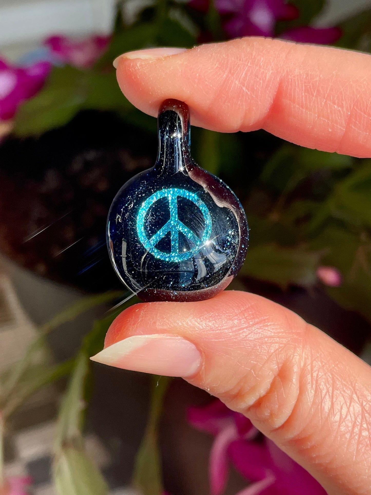Peace Necklace - Gift for Her - Blown Glass Dichroic Pendant - Sister Birthday Gift - Lampwork Focal Charm Bead - Unique Peace Sign Pendant