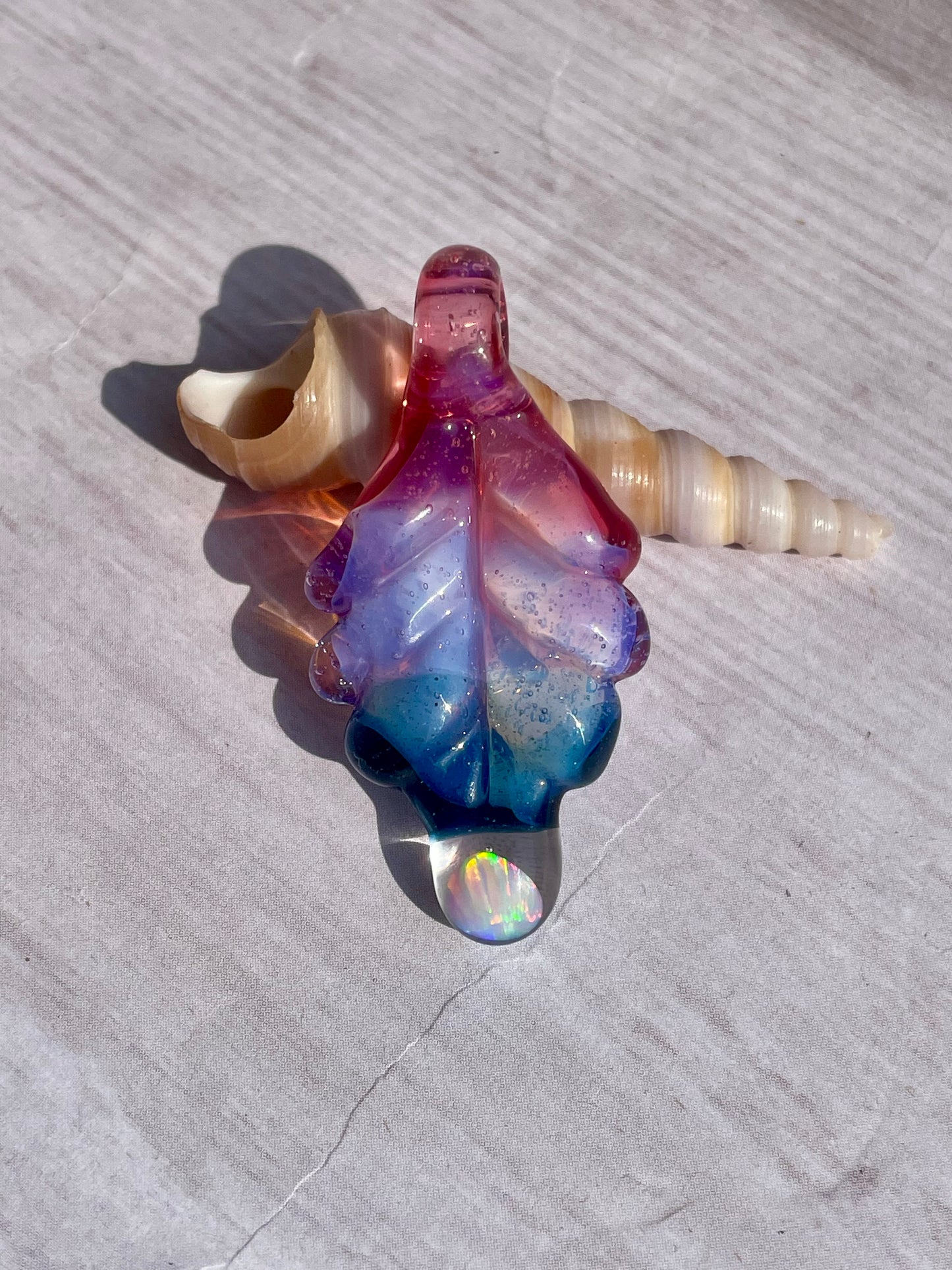 Small Glass Pendant, Blue Leaf Opal Necklace, birthday gift for daughter, botanical jewelry for women, green thumb gardener gift for mom
