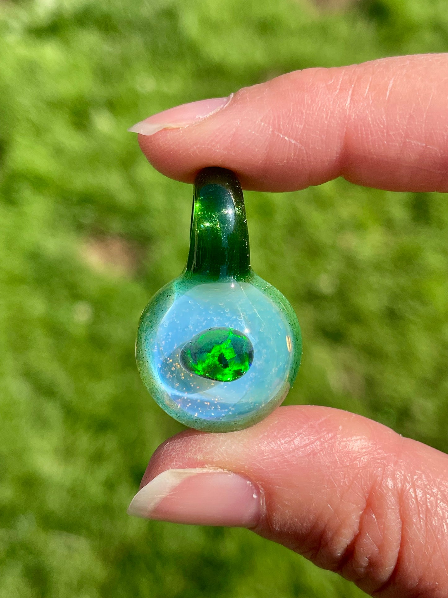 Small Glass Opal Pendant, Green Blown Glass Pendant, Lampwork Focal Bead, Mini Opal Necklace, Glass Cabochon, Unique Birthday Gift Idea