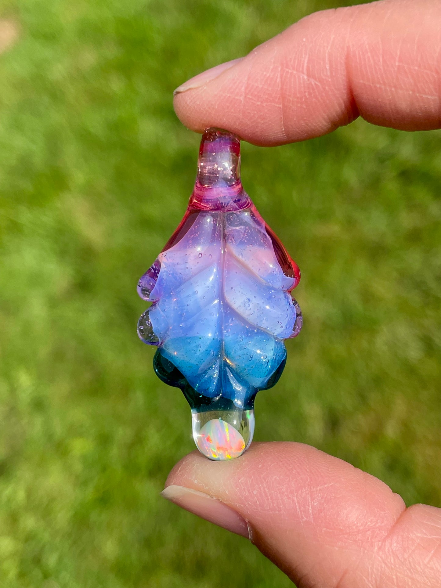Small Glass Pendant, Blue Leaf Opal Necklace, birthday gift for daughter, botanical jewelry for women, green thumb gardener gift for mom