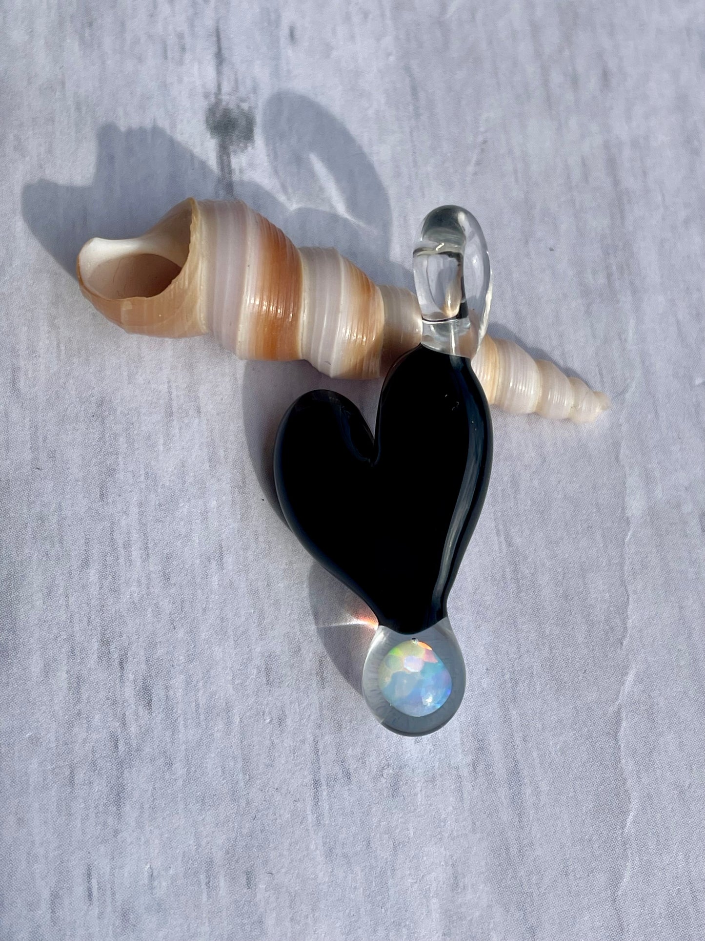 Blown Glass Opal Pendant, Black Heart Necklace for Her, Opal Heart Jewelry, Anniversary Gift gift for wife, Graduation Gift for daughter