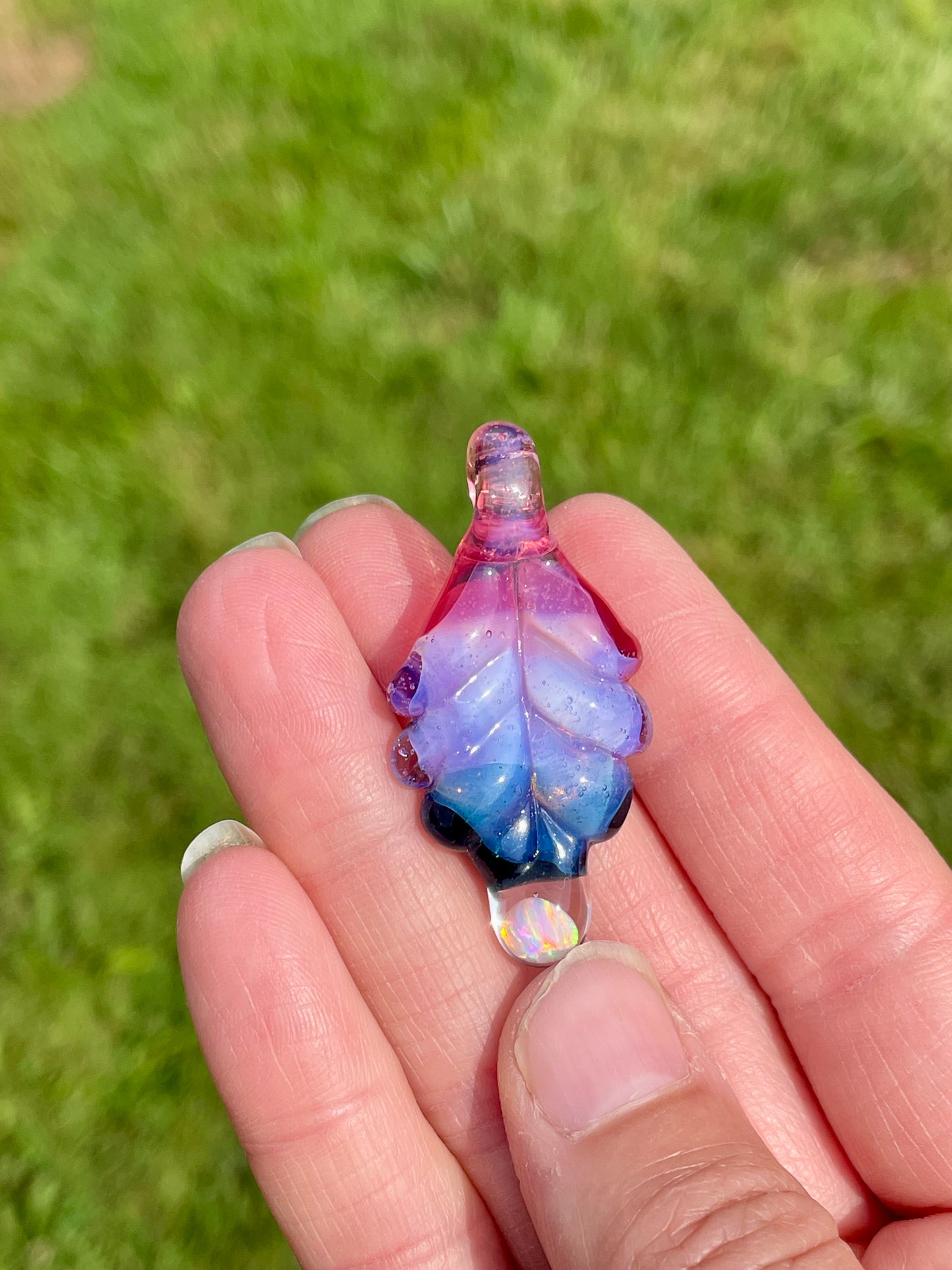 Small Glass Pendant, Blue Leaf Opal Necklace, birthday gift for daughter, botanical jewelry for women, green thumb gardener gift for mom