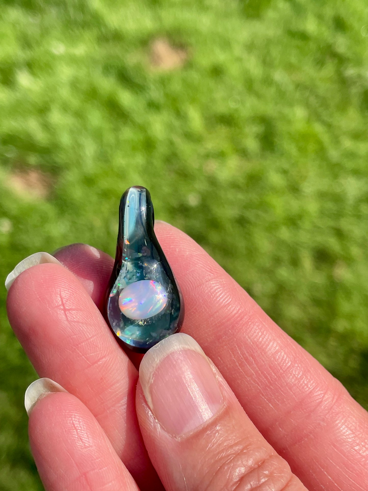 Heady Glass Opal Pendant, Black Blown Glass Pendant, Lampwork Focal Bead, Unique October Birthday Gift, Opal Necklace, Glass Opal Pendant