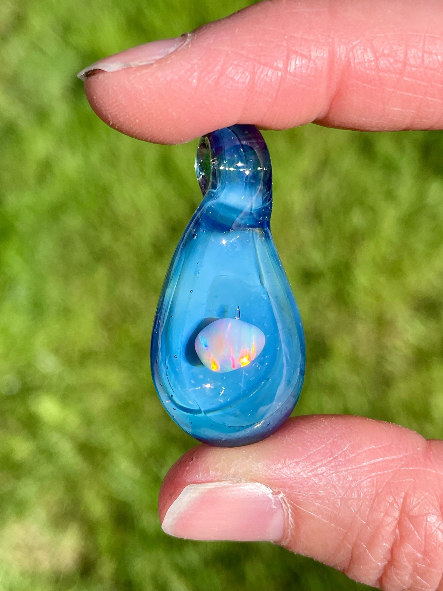 Small Glass Opal Pendant, Enchanting Blue Necklace, Ocean Inspired Gift Idea, Birthday Gift for her, Blue Mystical Jewelry, Valentines gift