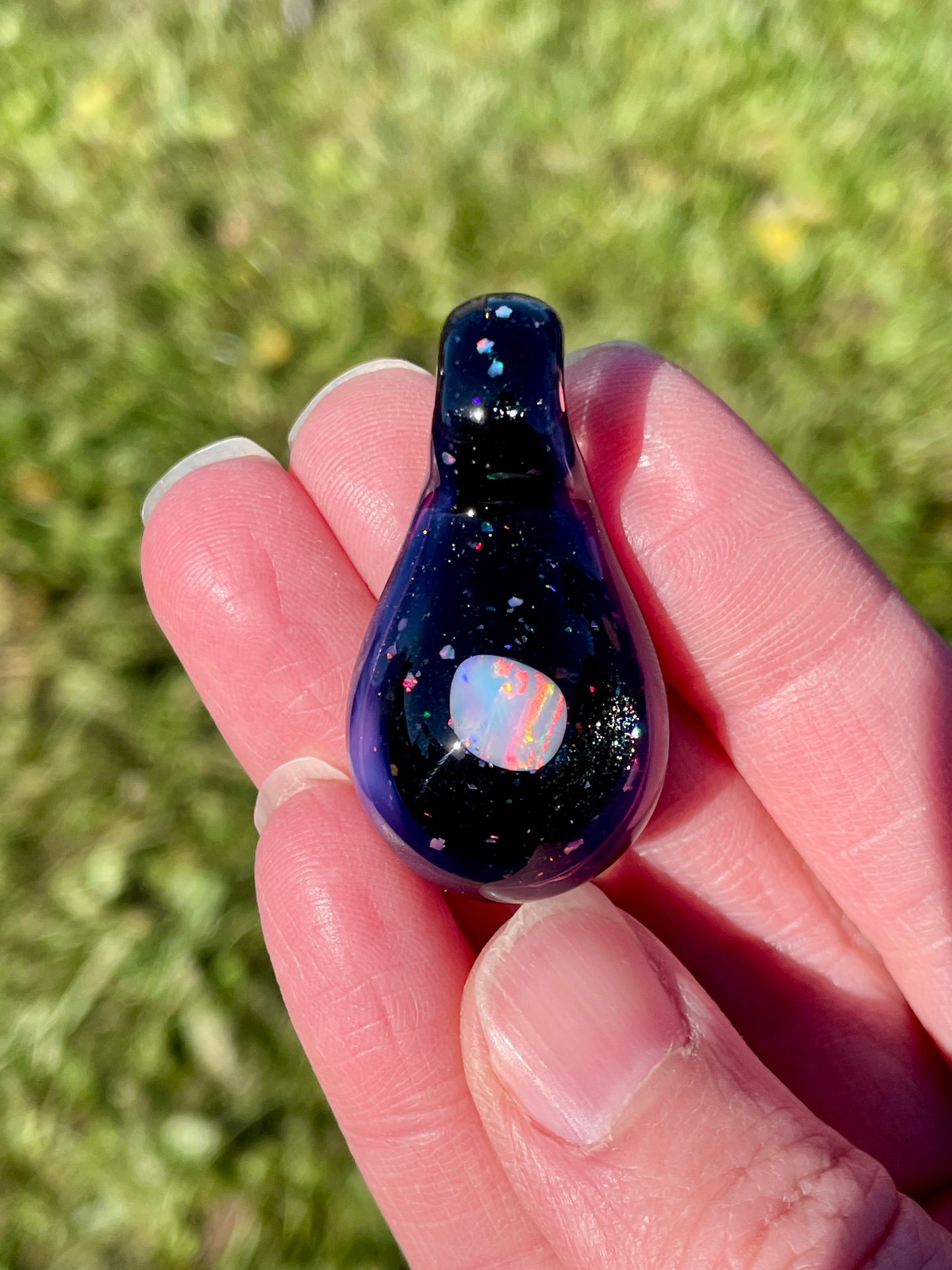 Small Glass Opal Pendant, Unique Glass Pendant, Opal Necklace, Galaxy Pendant, gift for daughter, Gift for Graduate, October Birthday Gift