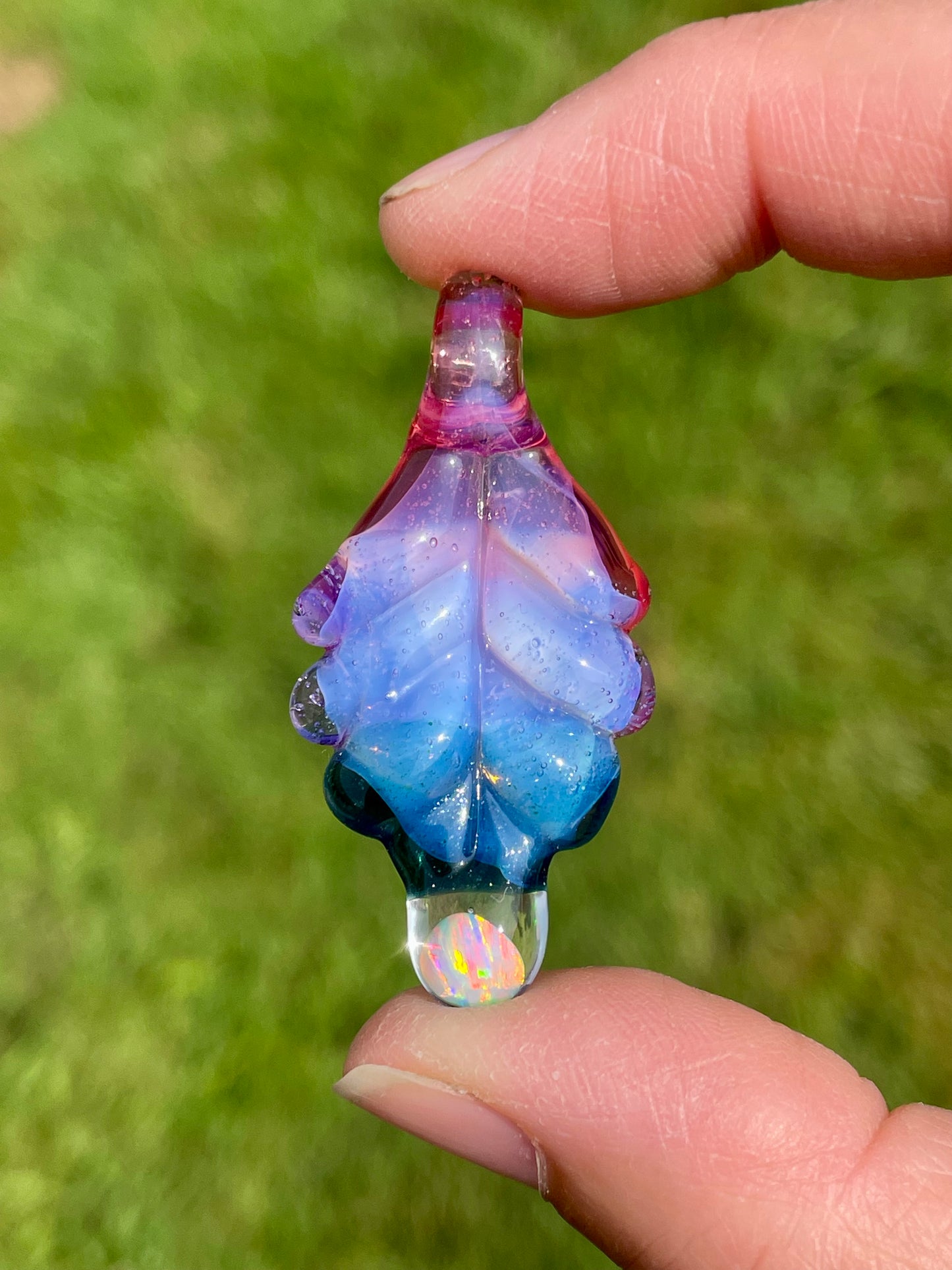 Small Glass Pendant, Blue Leaf Opal Necklace, birthday gift for daughter, botanical jewelry for women, green thumb gardener gift for mom