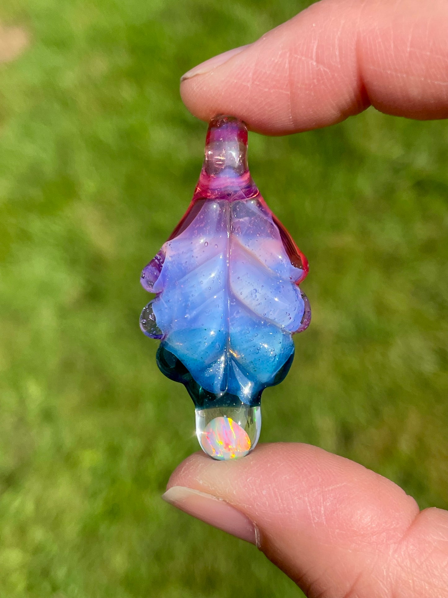 Small Glass Pendant, Blue Leaf Opal Necklace, birthday gift for daughter, botanical jewelry for women, green thumb gardener gift for mom