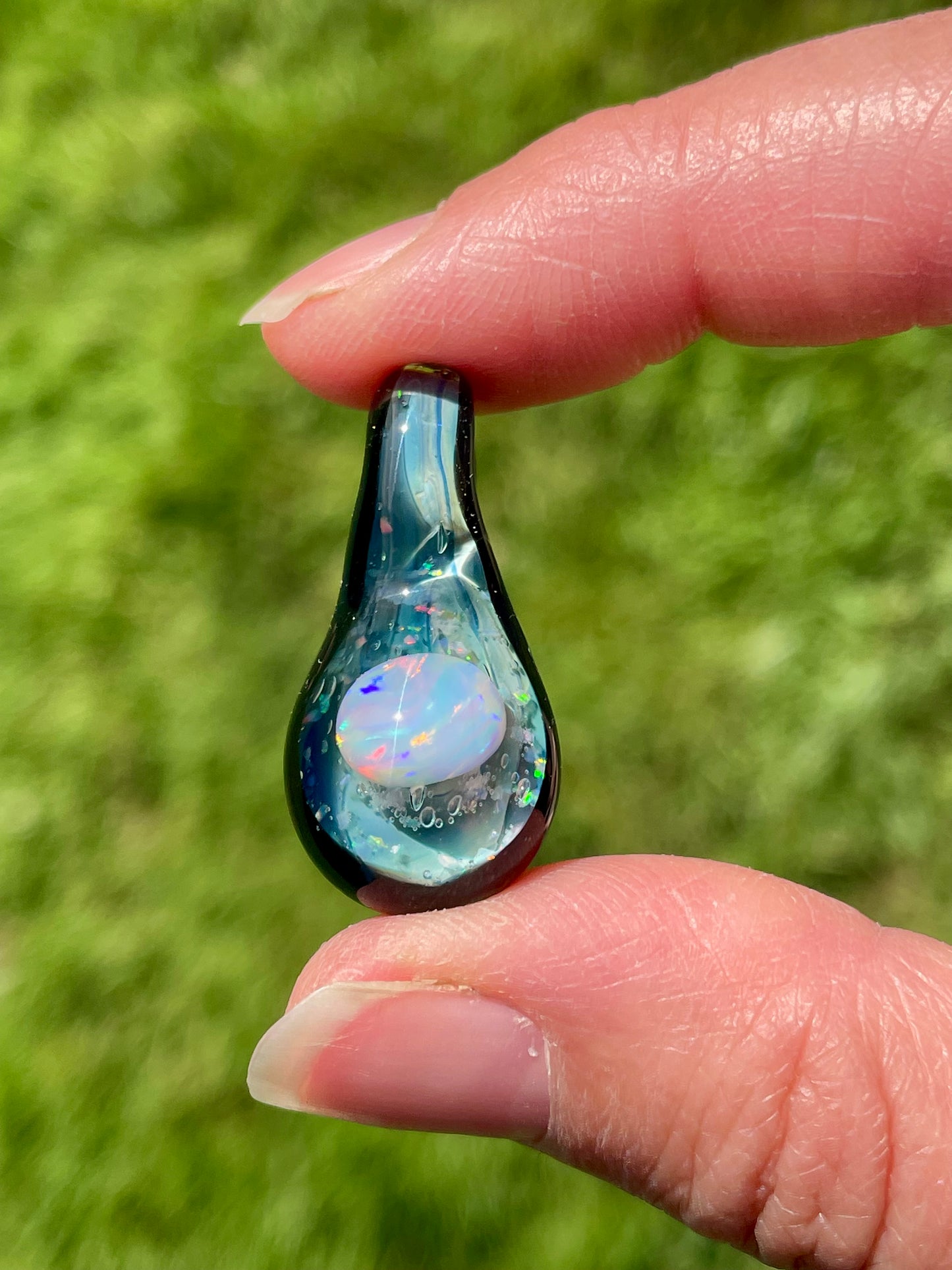 Heady Glass Opal Pendant, Black Blown Glass Pendant, Lampwork Focal Bead, Unique October Birthday Gift, Opal Necklace, Glass Opal Pendant