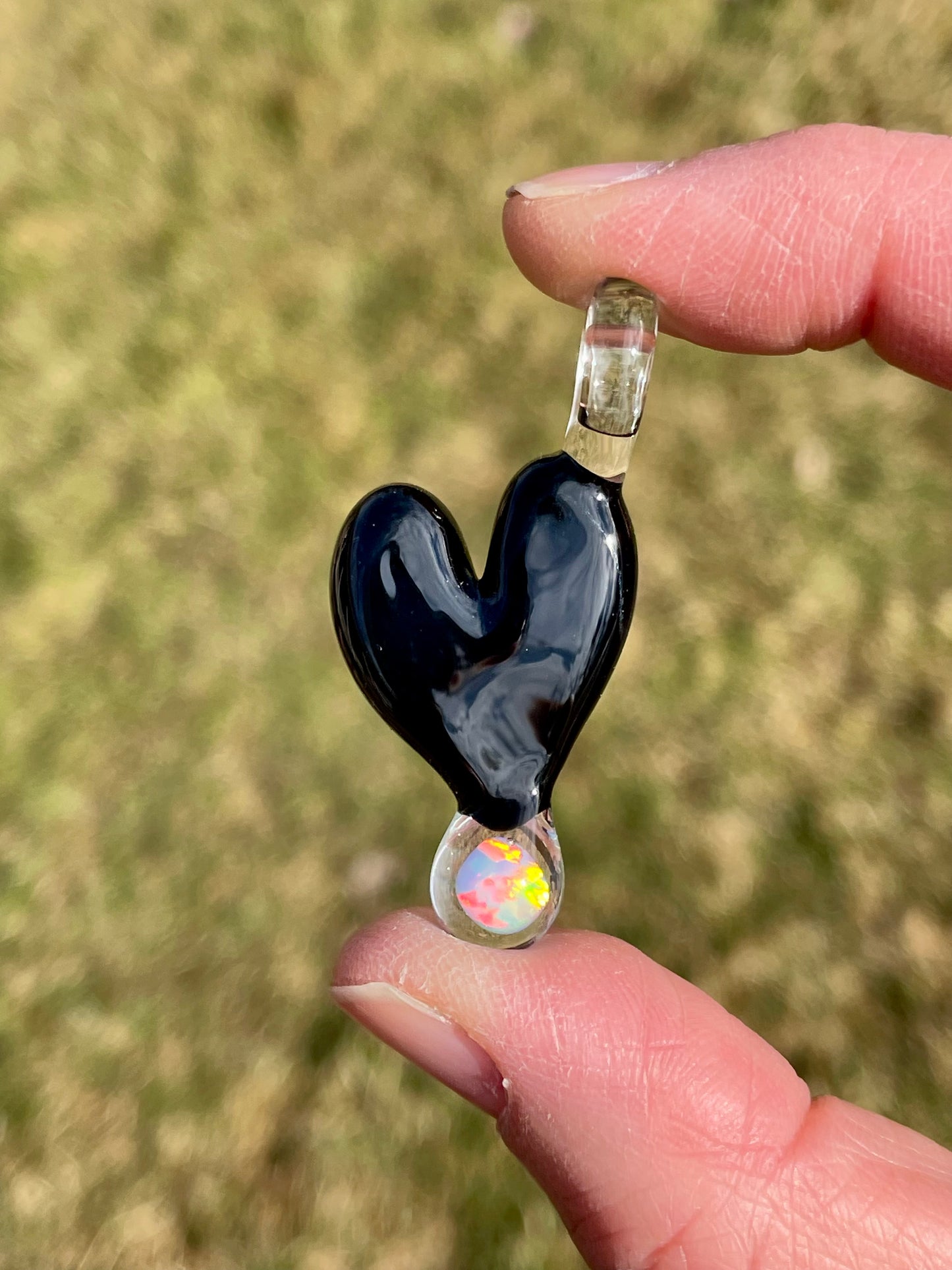 Blown Glass Opal Pendant, Black Heart Necklace for Her, Opal Heart Jewelry, Anniversary Gift gift for wife, Graduation Gift for daughter