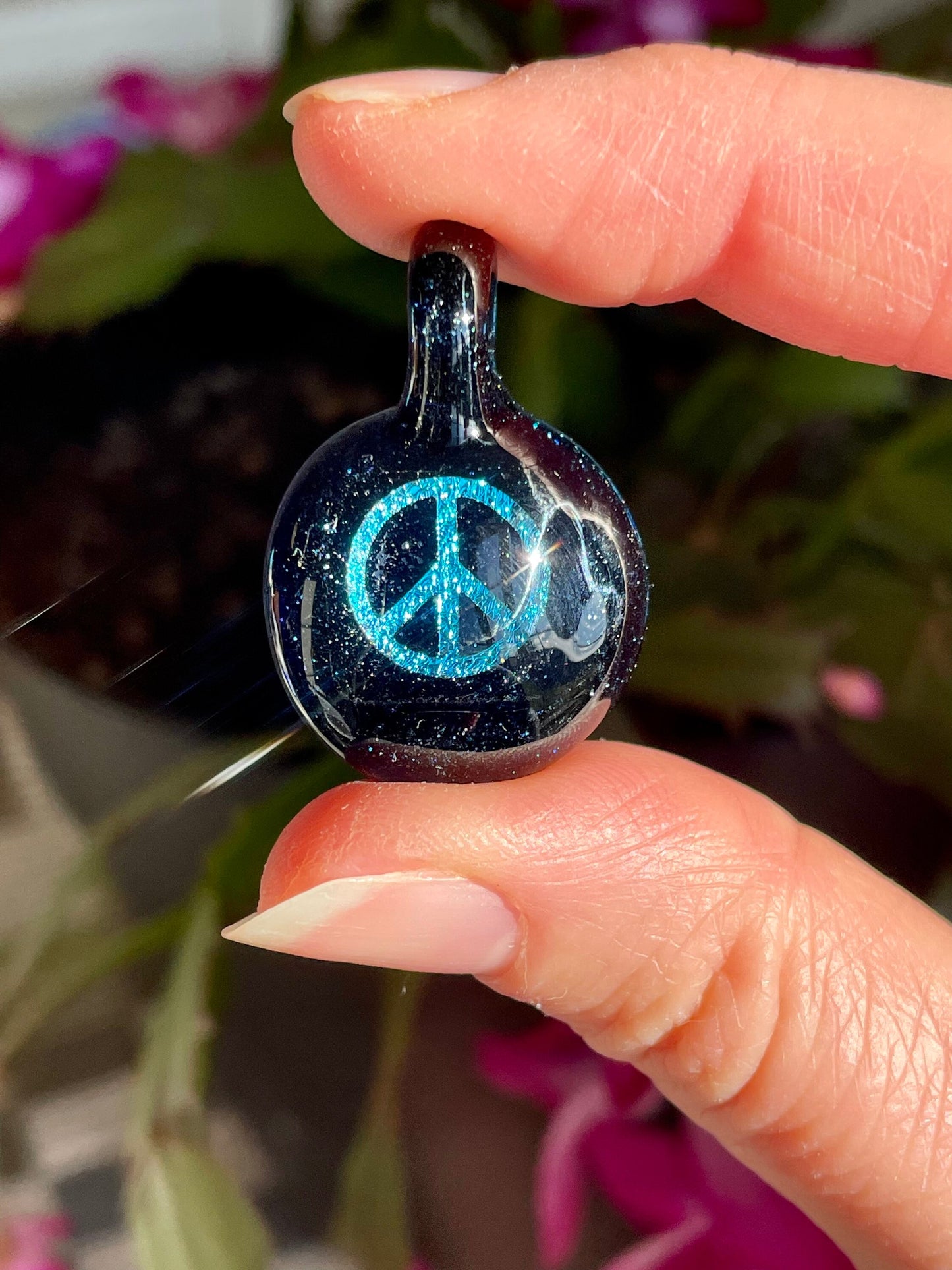 Peace Necklace - Gift for Her - Blown Glass Dichroic Pendant - Sister Birthday Gift - Lampwork Focal Charm Bead - Unique Peace Sign Pendant