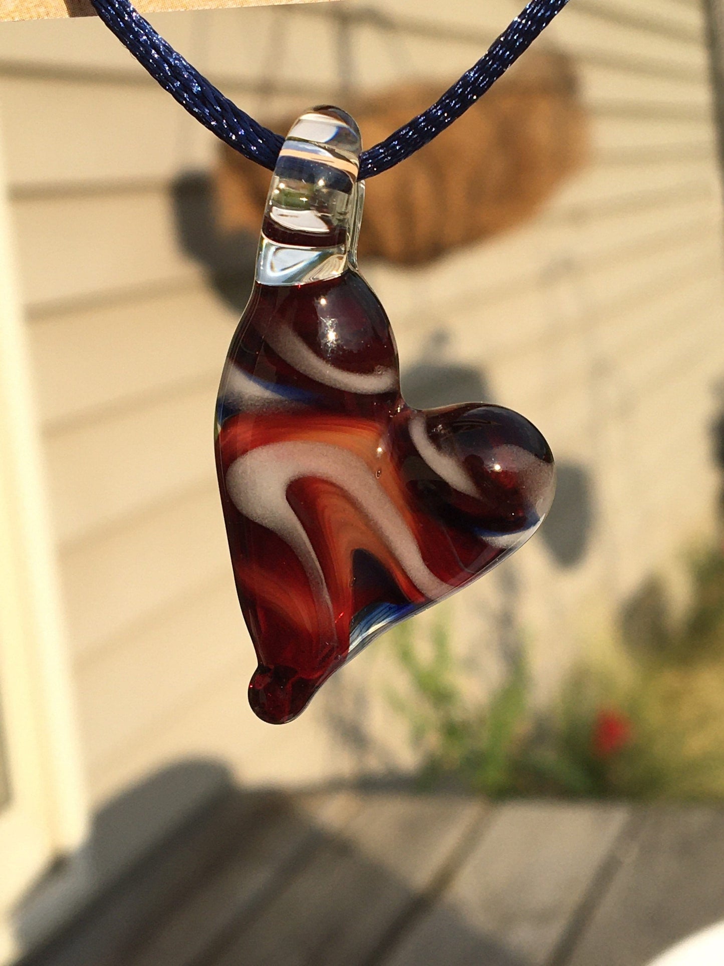 Blown Glass Patriotic Heart Pendant Necklace for Her, girlfriend gift, graduation gift from mom, birthday gift for sister, special occasion