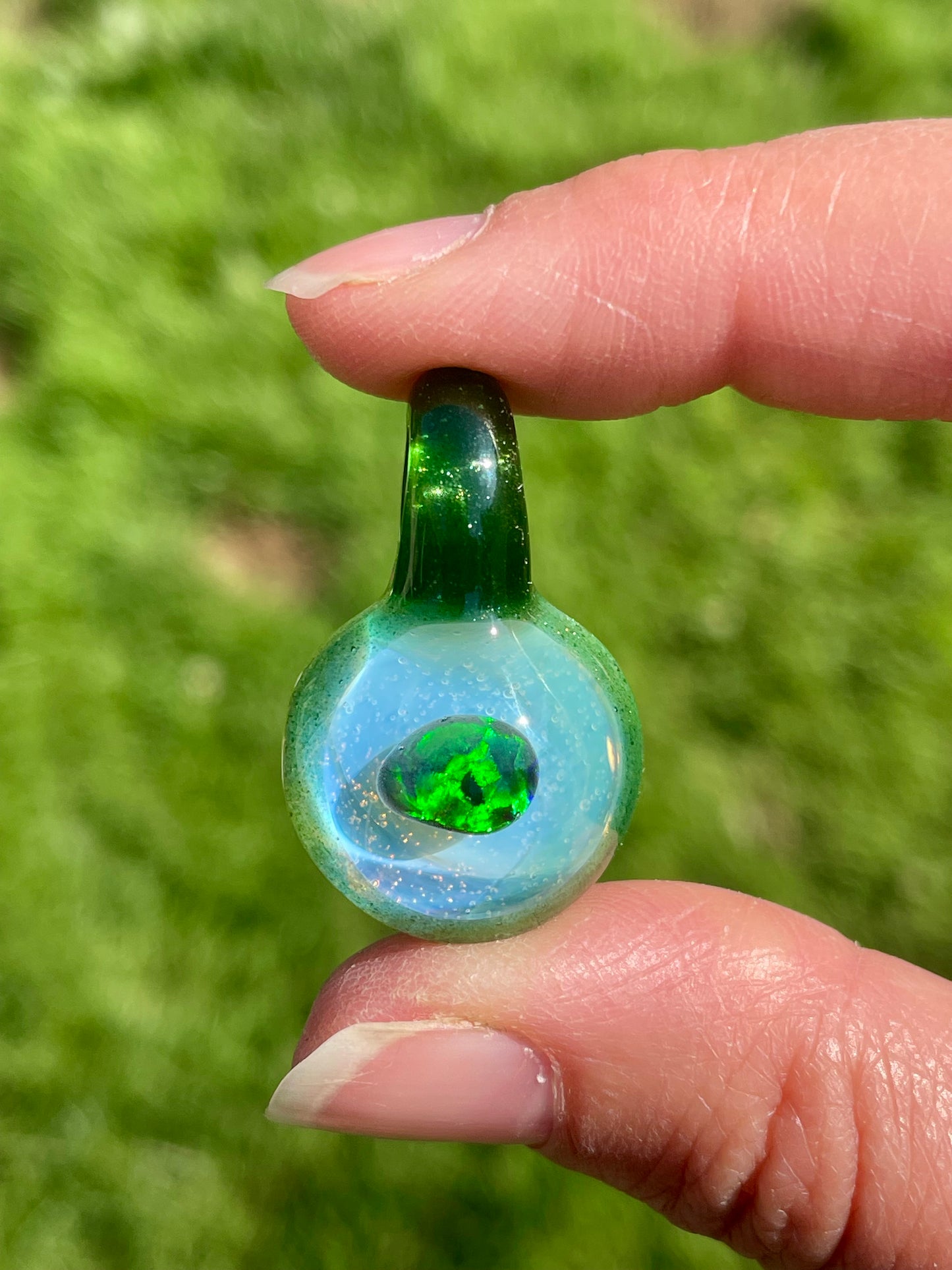 Small Glass Opal Pendant, Green Blown Glass Pendant, Lampwork Focal Bead, Mini Opal Necklace, Glass Cabochon, Unique Birthday Gift Idea