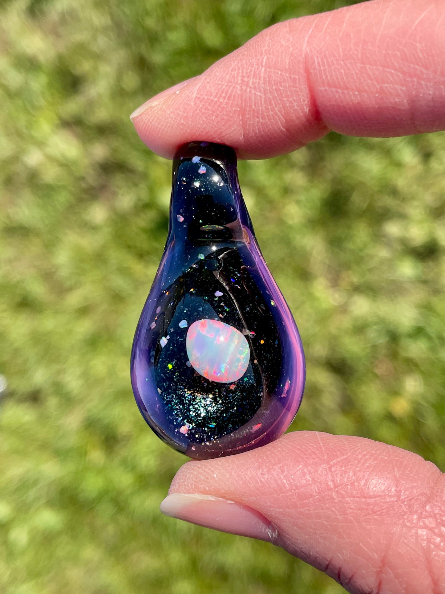 Small Glass Opal Pendant, Unique Glass Pendant, Opal Necklace, Galaxy Pendant, gift for daughter, Gift for Graduate, October Birthday Gift