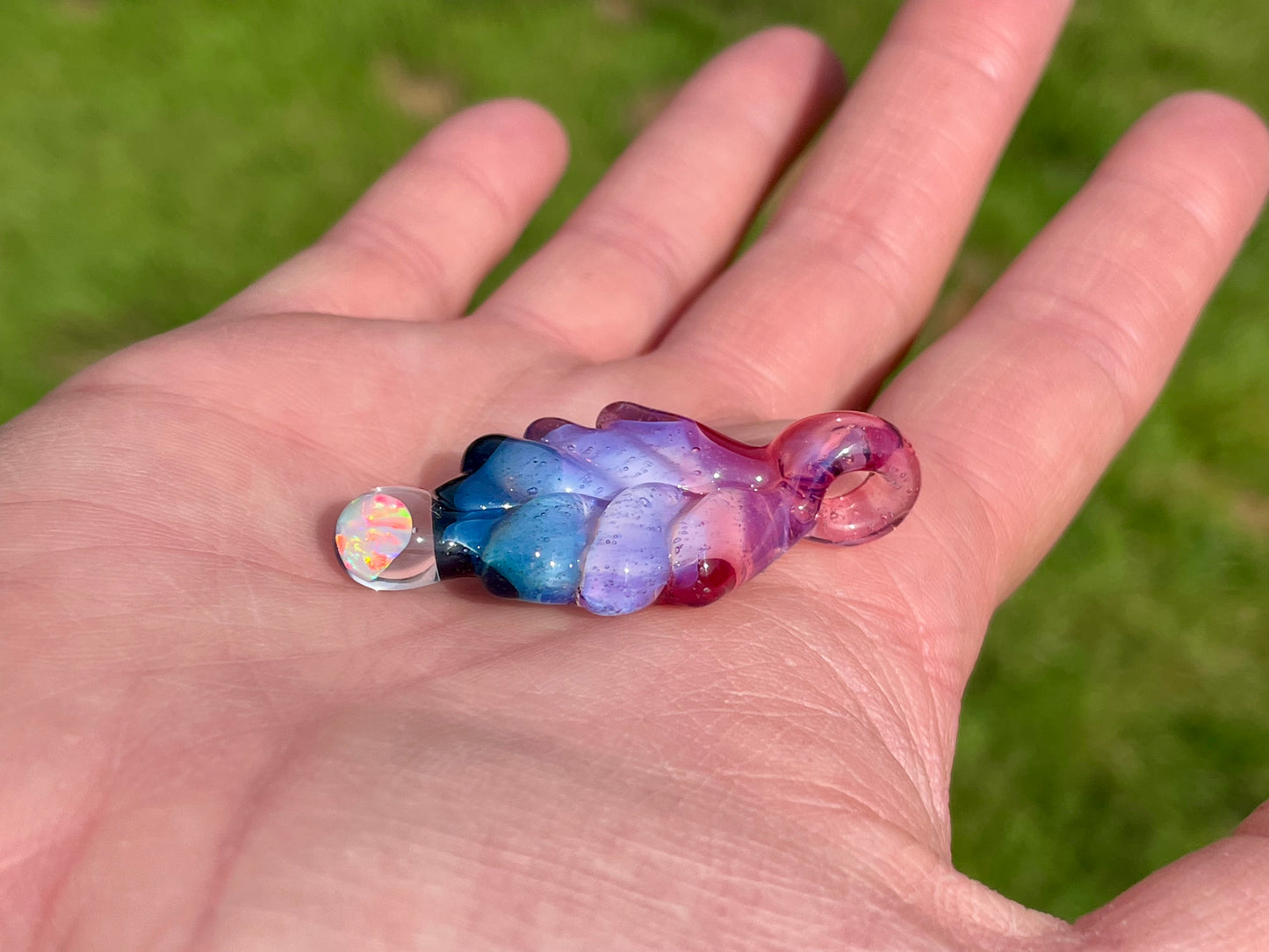 Small Glass Pendant, Blue Leaf Opal Necklace, birthday gift for daughter, botanical jewelry for women, green thumb gardener gift for mom