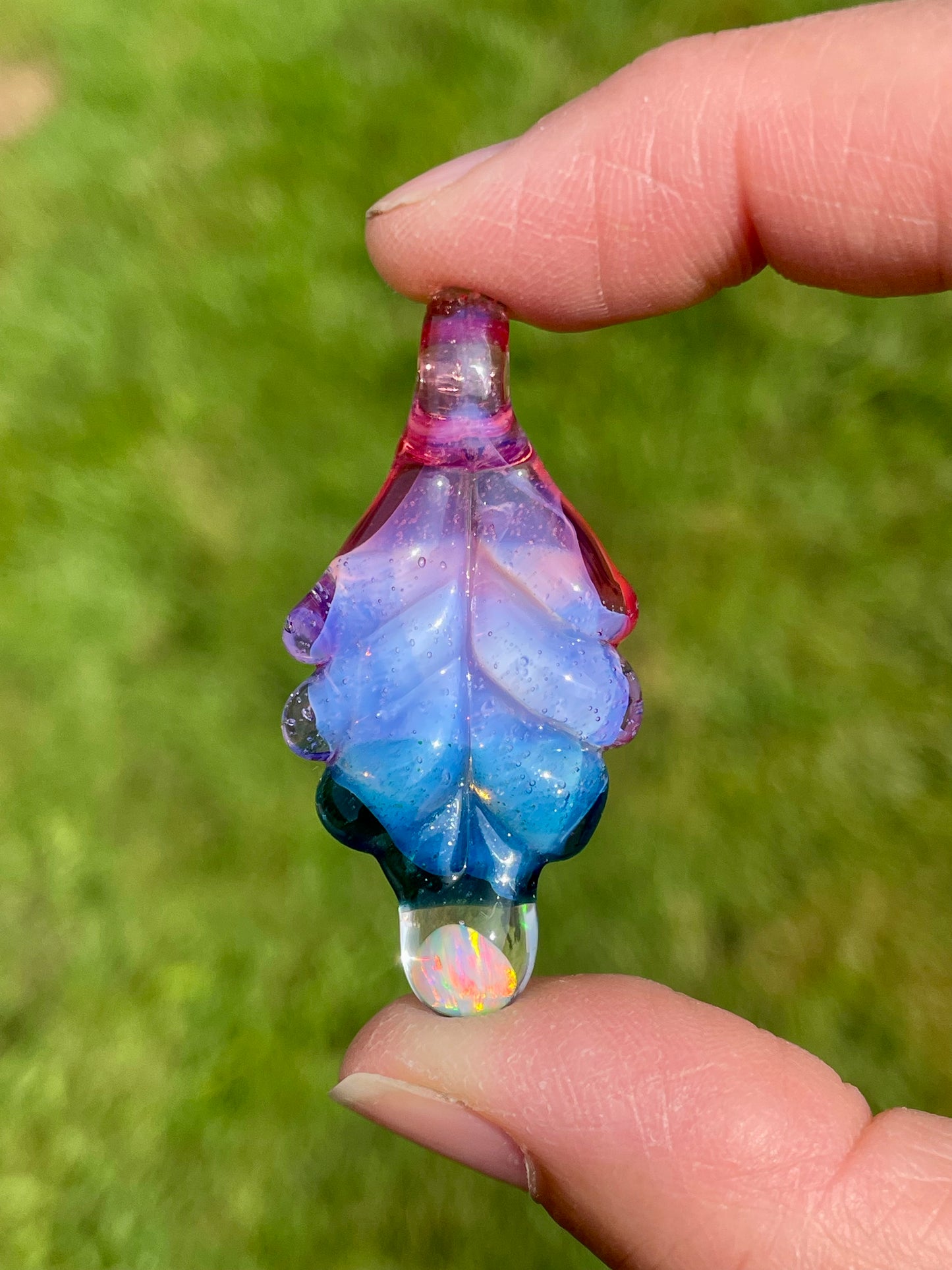 Small Glass Pendant, Blue Leaf Opal Necklace, birthday gift for daughter, botanical jewelry for women, green thumb gardener gift for mom