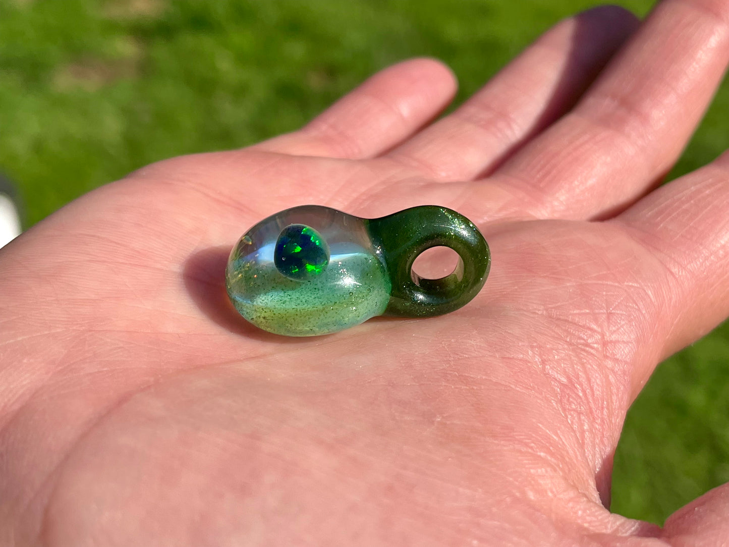 Small Glass Opal Pendant, Green Blown Glass Pendant, Lampwork Focal Bead, Mini Opal Necklace, Glass Cabochon, Unique Birthday Gift Idea
