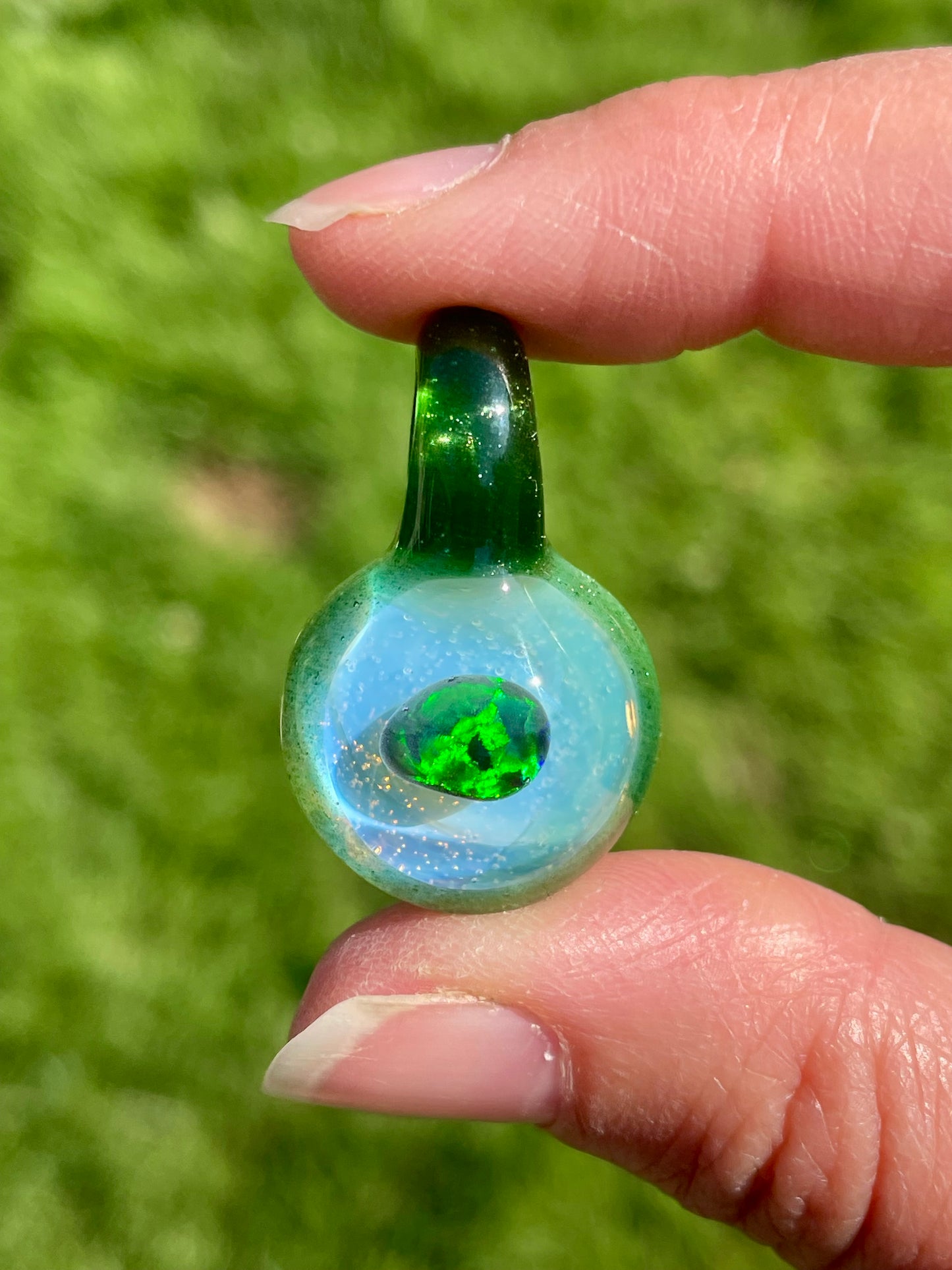 Small Glass Opal Pendant, Green Blown Glass Pendant, Lampwork Focal Bead, Mini Opal Necklace, Glass Cabochon, Unique Birthday Gift Idea