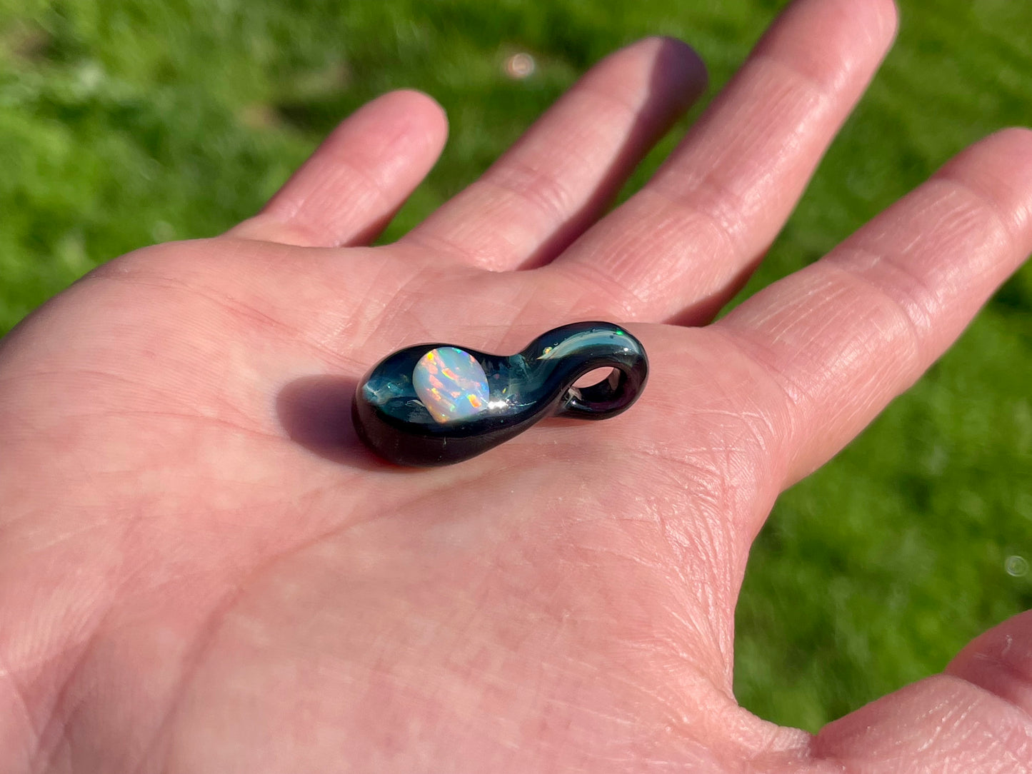 Heady Glass Opal Pendant, Black Blown Glass Pendant, Lampwork Focal Bead, Unique October Birthday Gift, Opal Necklace, Glass Opal Pendant