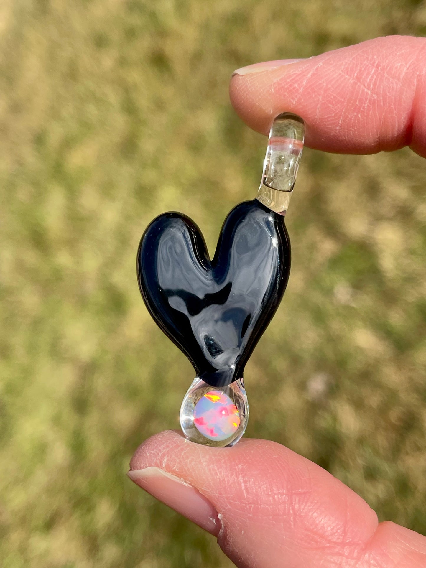 Blown Glass Opal Pendant, Black Heart Necklace for Her, Opal Heart Jewelry, Anniversary Gift gift for wife, Graduation Gift for daughter