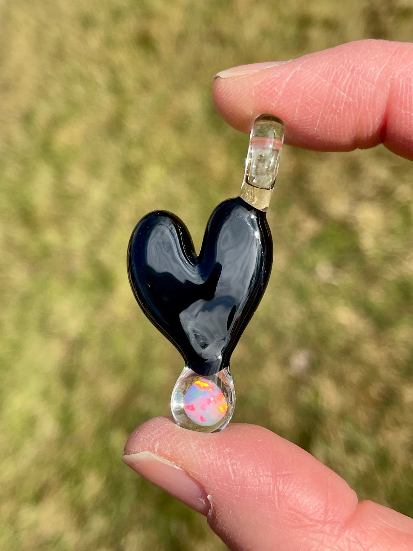 Blown Glass Opal Pendant, Black Heart Necklace for Her, Opal Heart Jewelry, Anniversary Gift gift for wife, Graduation Gift for daughter