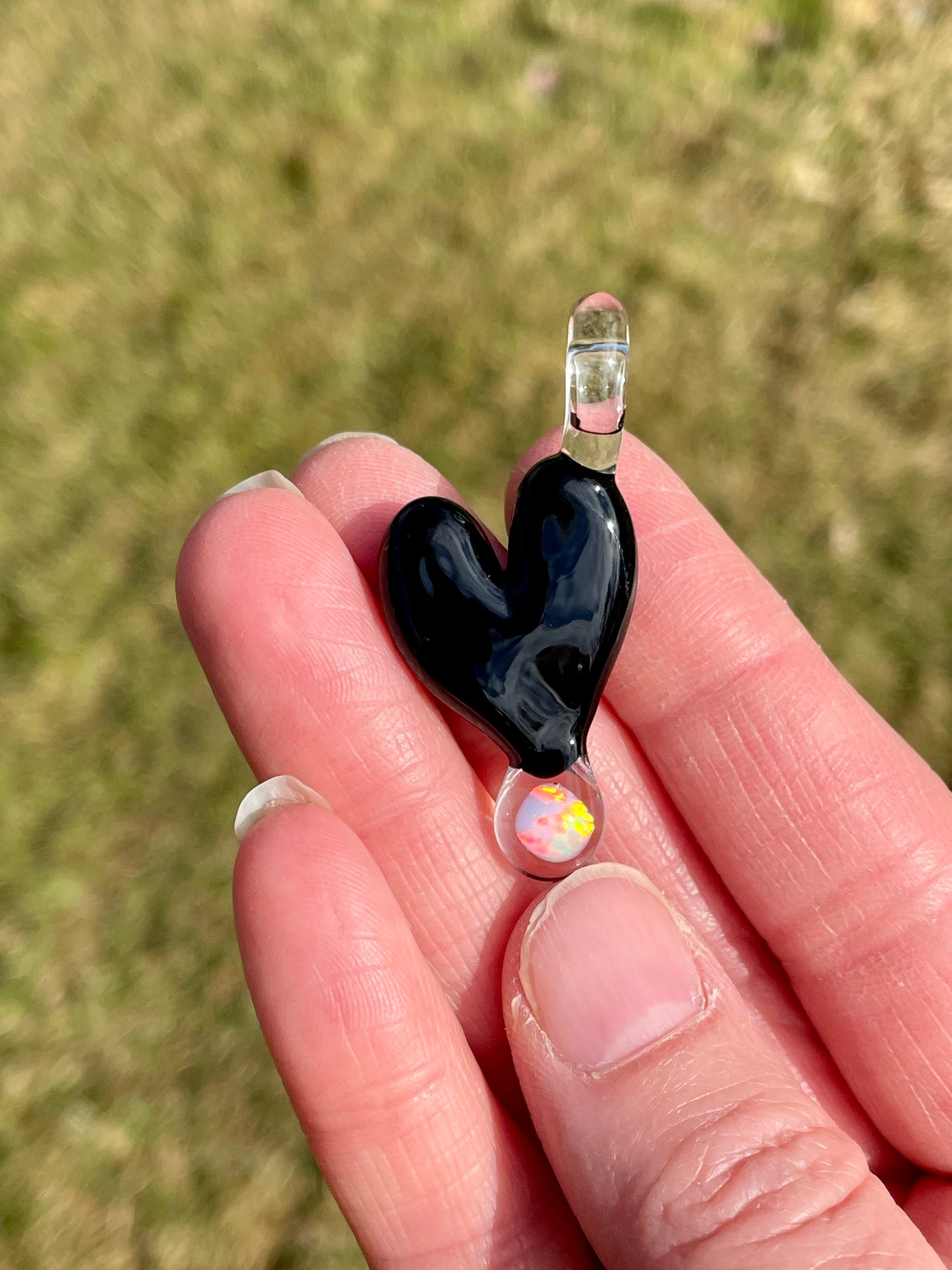 Blown Glass Opal Pendant, Black Heart Necklace for Her, Opal Heart Jewelry, Anniversary Gift gift for wife, Graduation Gift for daughter