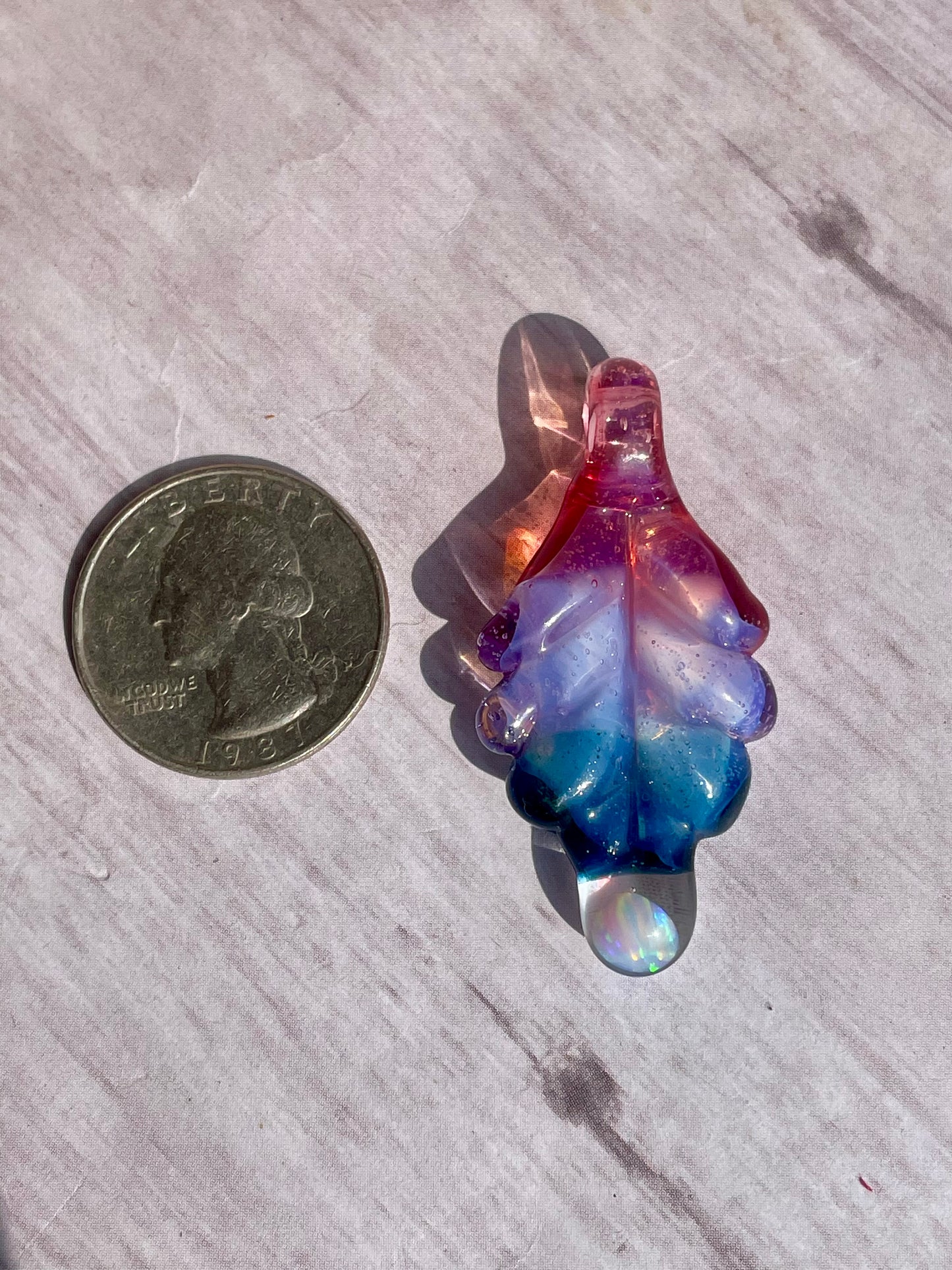 Small Glass Pendant, Blue Leaf Opal Necklace, birthday gift for daughter, botanical jewelry for women, green thumb gardener gift for mom