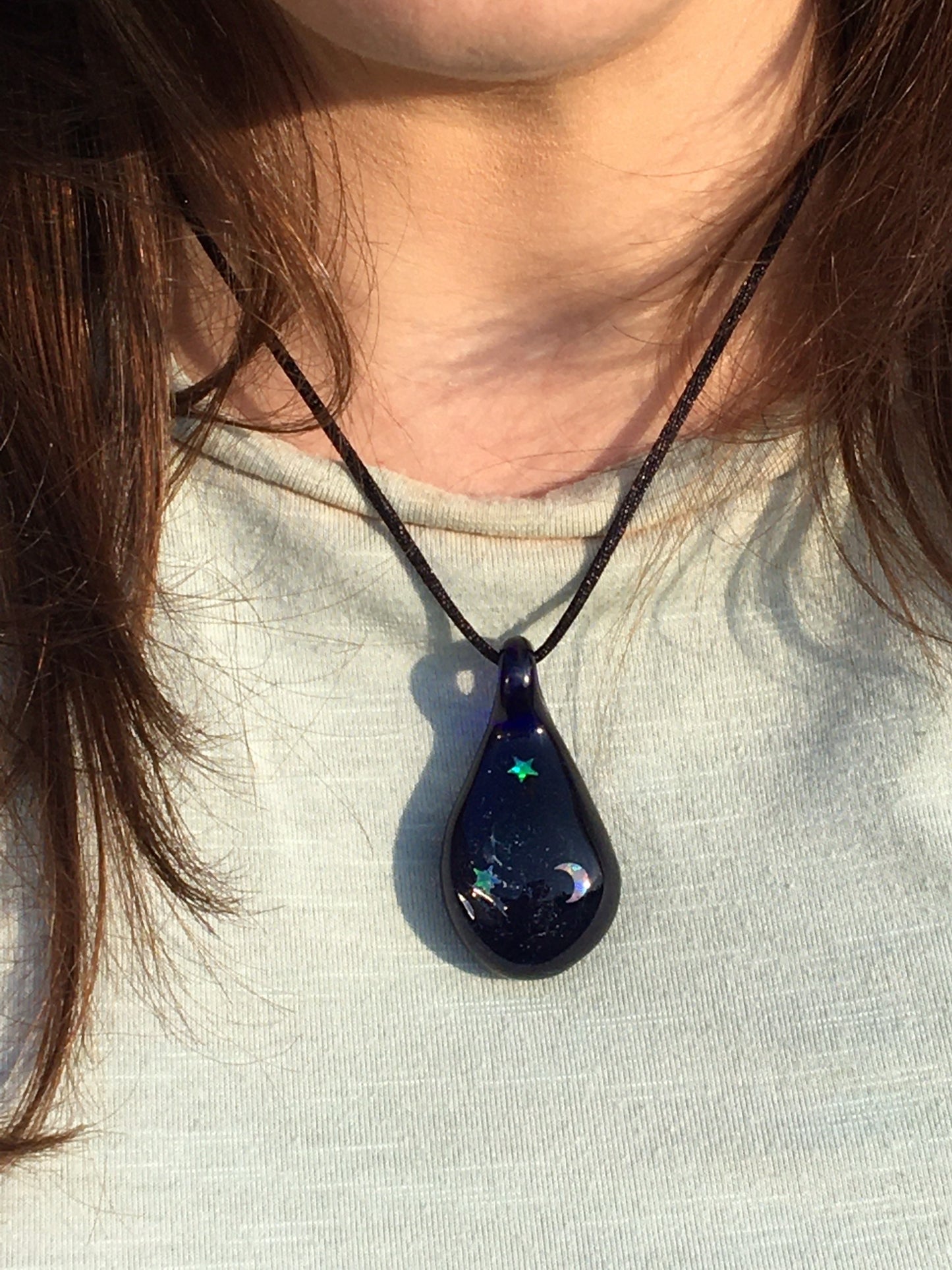 Moon and Star Opal Necklace for her - Heady Blown Glass Opal Pendant for Women - Handmade Blue Jewelry for Sister - Unique Gift for Niece