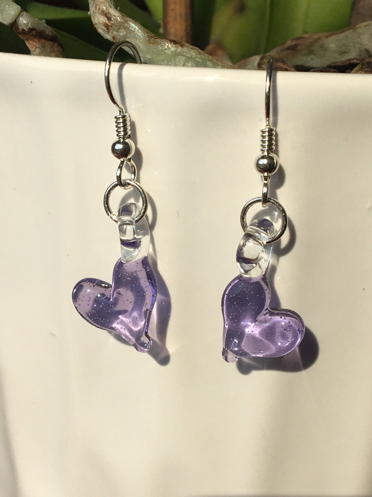 Blown Glass Purple Heart Earrings Dangle, grandma gift, trending jewelry, Easter gift for daughter, one of a kind jewelry, gift for sister