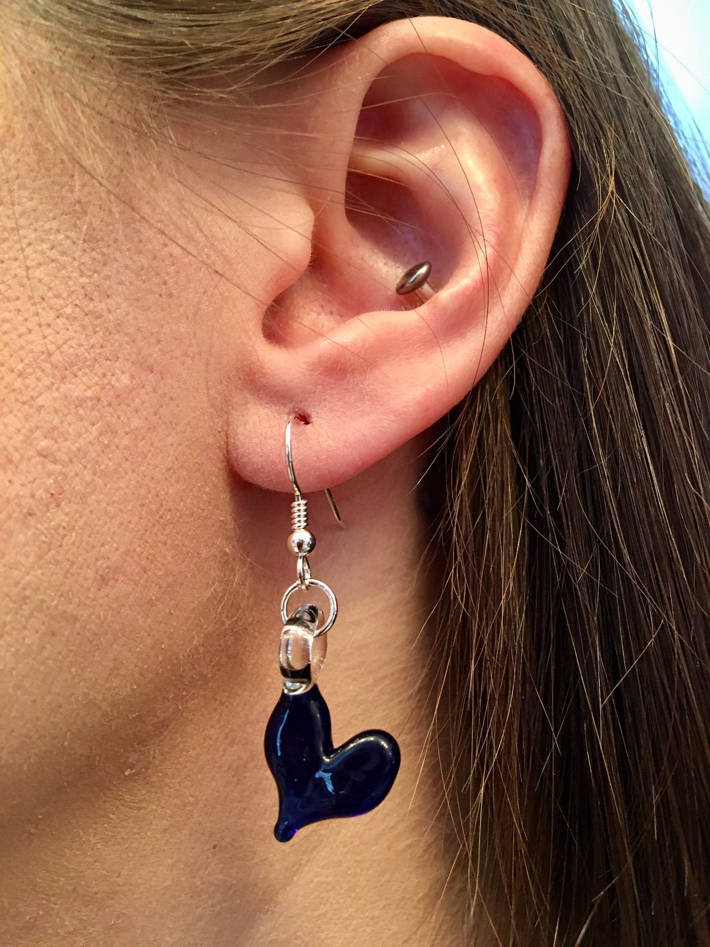 Blue Glass Dangle Heart Drop Earrings, Valentines Day Gift for Her, small heart jewelry, Boho Earrings, Minimalist Jewelry, step sister gift