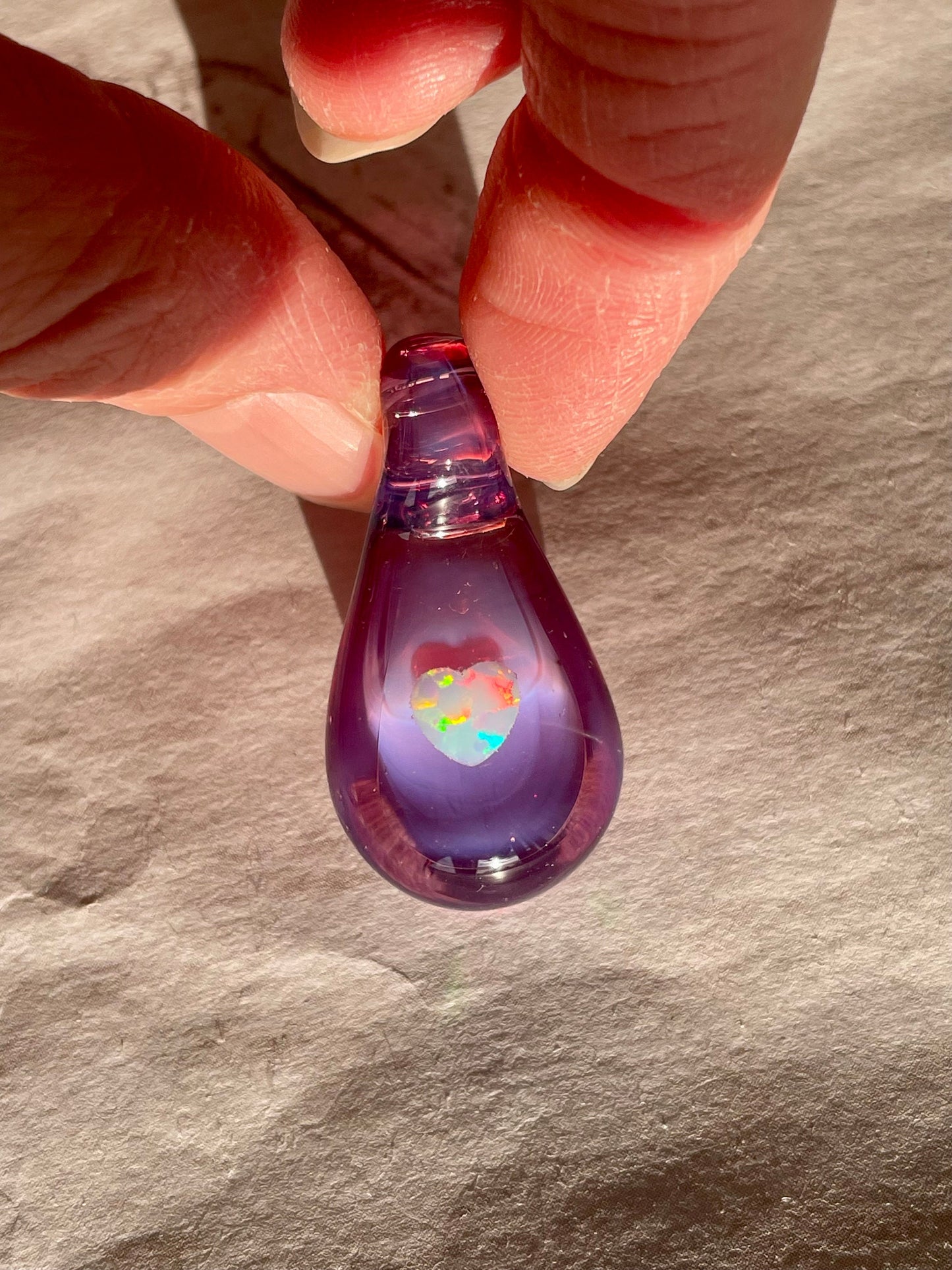 Purple Blown Glass Heart Opal Necklace for her, New Mother Gift, Engagement Jewelry, Anniversary Gift for Girlfriend, Easter Gift for Wife