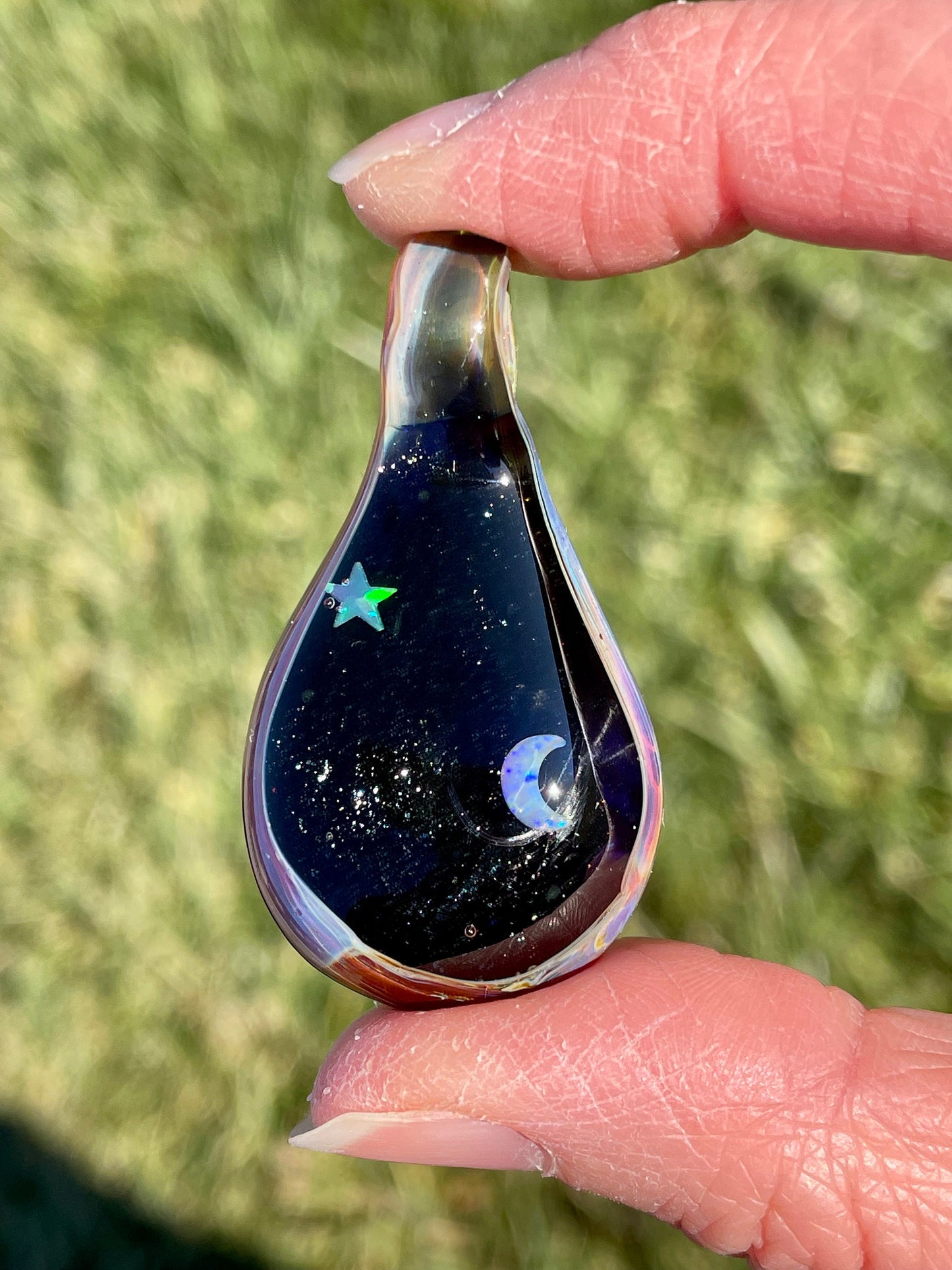 Moon and Star Pendant Necklace for woman, Heady Blown Glass Opal Necklace, Birthday gift for sister, Galaxy Pendant, Trippy Pendant for her
