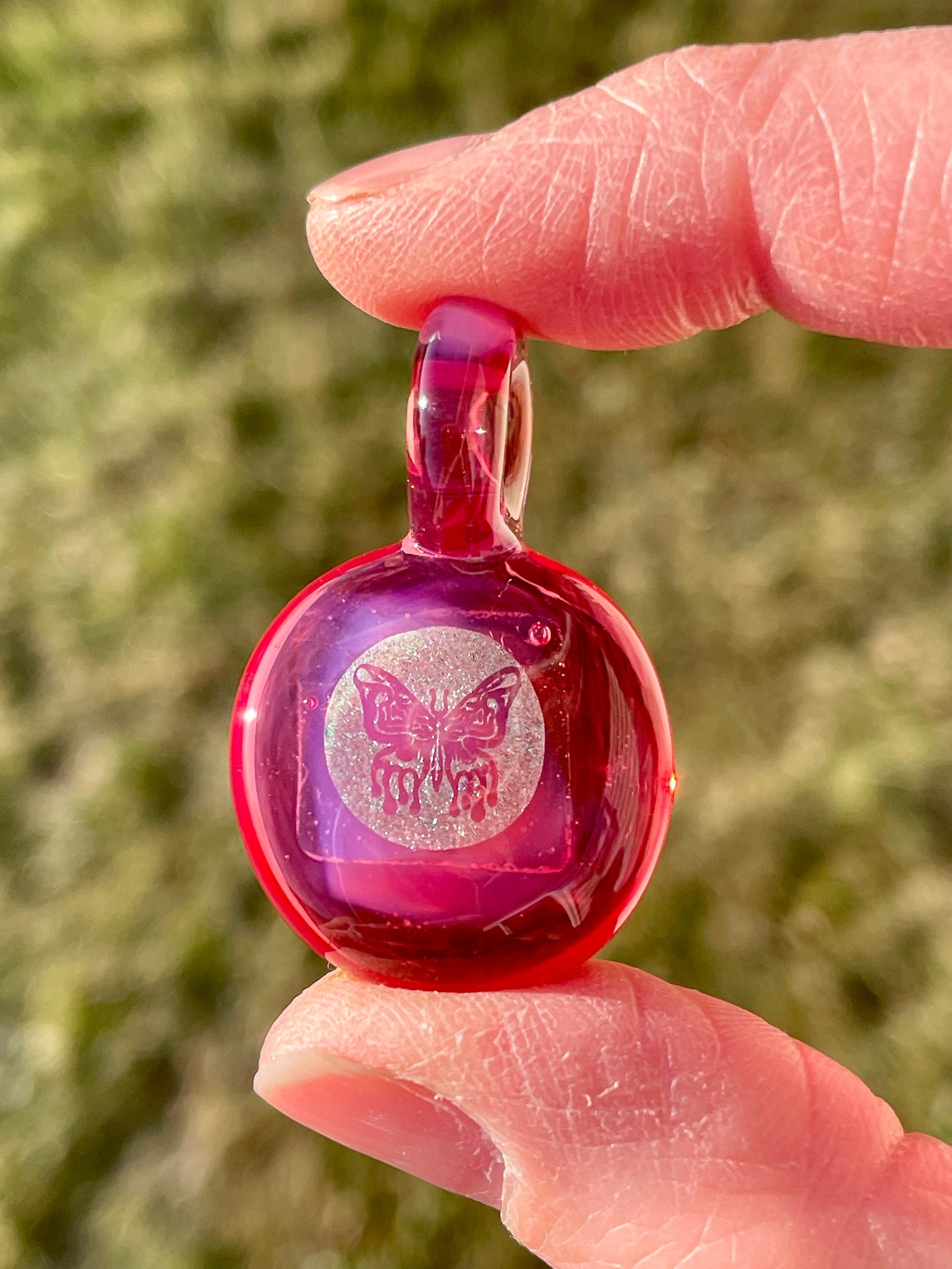 Pink Butterfly Pendant Necklace Gift for Women - Unique Blown Glass Dichroic Pendant - Birthday Gift for Sister - Lampwork Focal Charm Bead