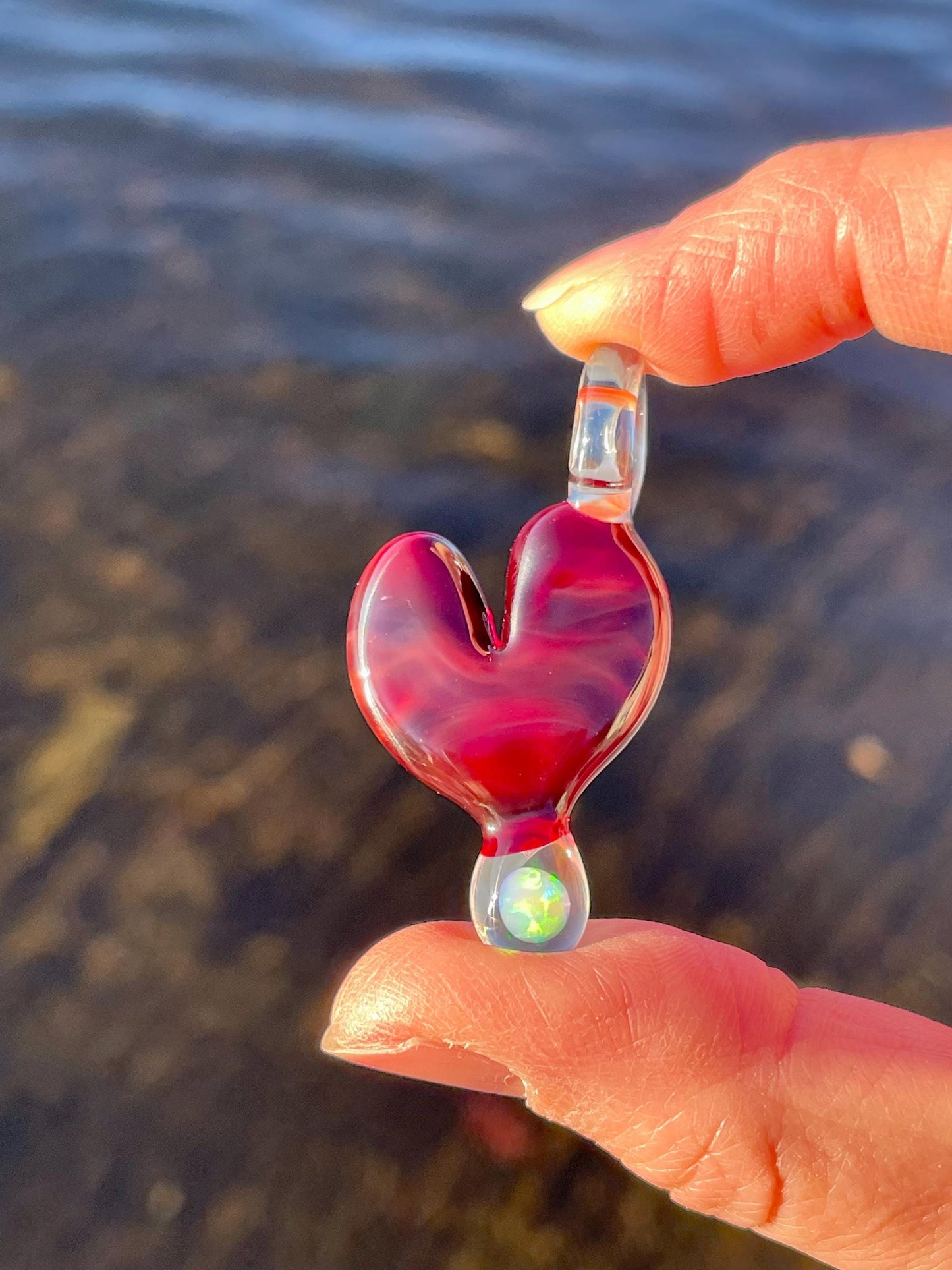 Blown Glass Heart Pendant Opal Necklace for Her, Simple Heart Jewelry, Birthday Gift for wife, Anniversary Gift, grad gift for girlfriend