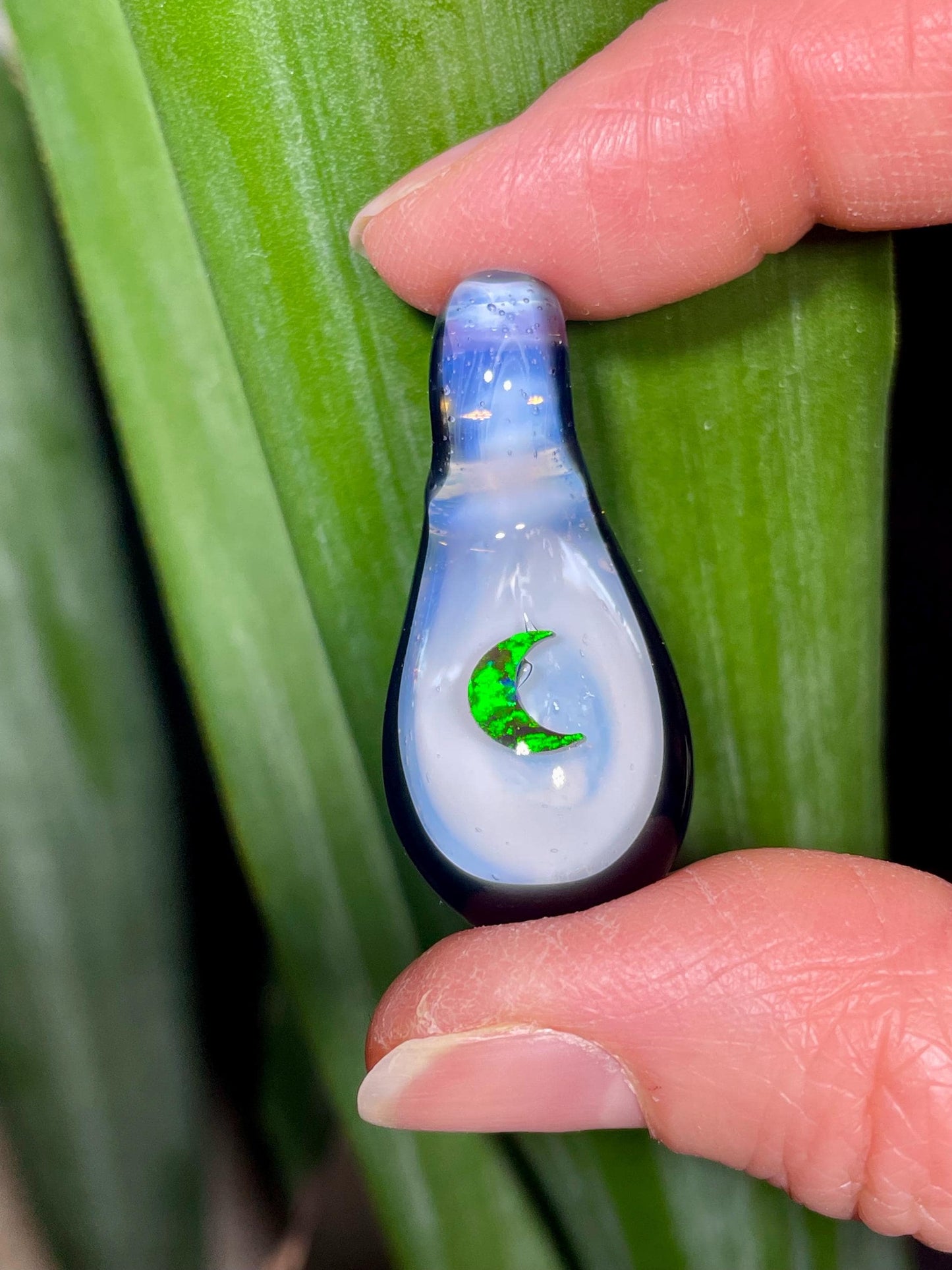 Black Glass Pendant, Glass Blown Moon Opal Pendant for Women, White Necklace, Unique Birthday Gift for sister, Mothers Day gift for daughter