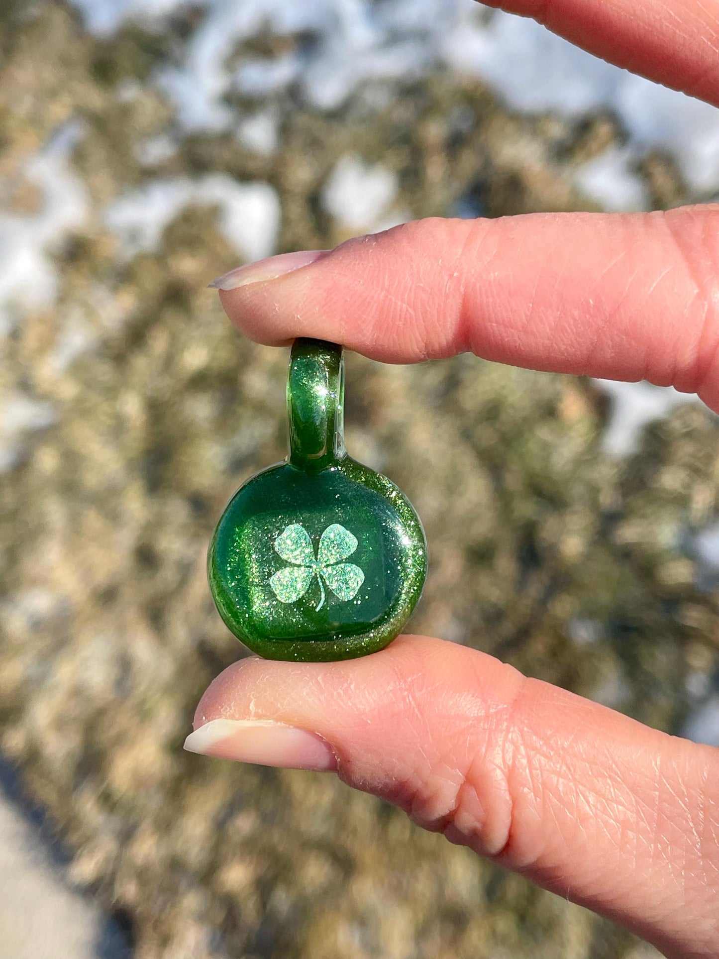 Blown Glass Shamrock Necklace, Four Leaf Clover, Irish Jewelry, Dichroic Glass Necklace, Present for sister, Boho Pendant Necklace for her