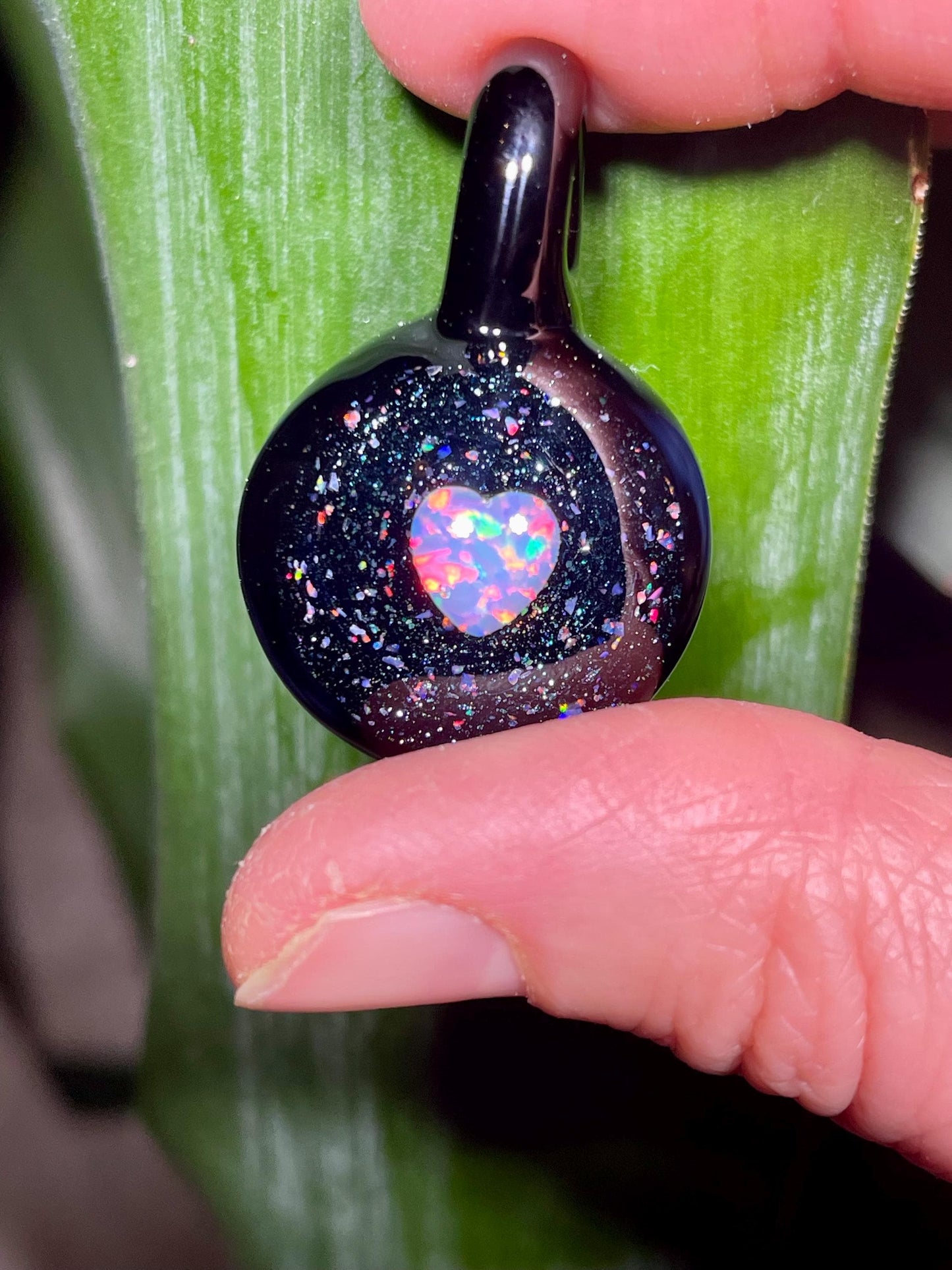 Small Glass Pendant, Heart Opal Necklace for her, Artisan Jewelry, Gothic Jewelry, Black Heart Pendant, Birthday Gift, Easter Gift for Wife