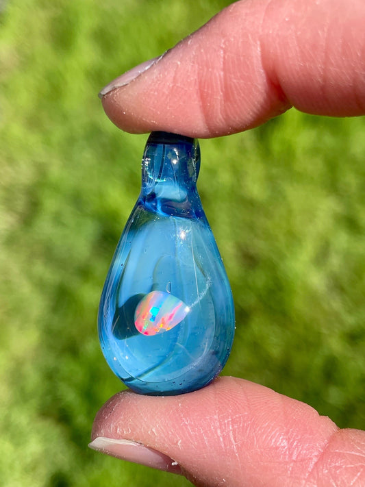 Small Glass Opal Pendant, Enchanting Blue Necklace, Ocean Inspired Gift Idea, Birthday Gift for her, Blue Mystical Jewelry, Valentines gift