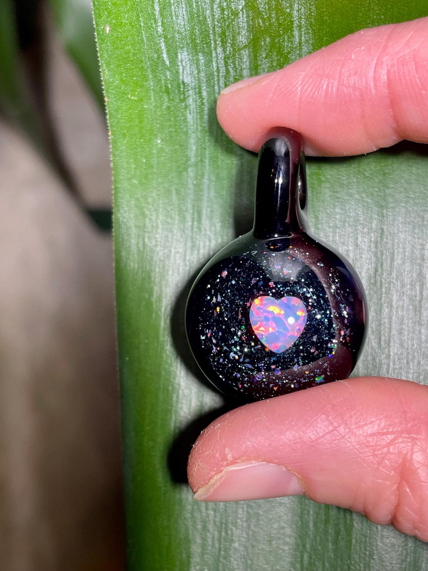 Small Glass Pendant, Heart Opal Necklace for her, Artisan Jewelry, Gothic Jewelry, Black Heart Pendant, Birthday Gift, Easter Gift for Wife