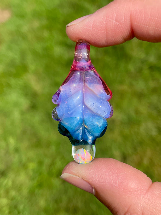 Small Glass Pendant, Blue Leaf Opal Necklace, birthday gift for daughter, botanical jewelry for women, green thumb gardener gift for mom
