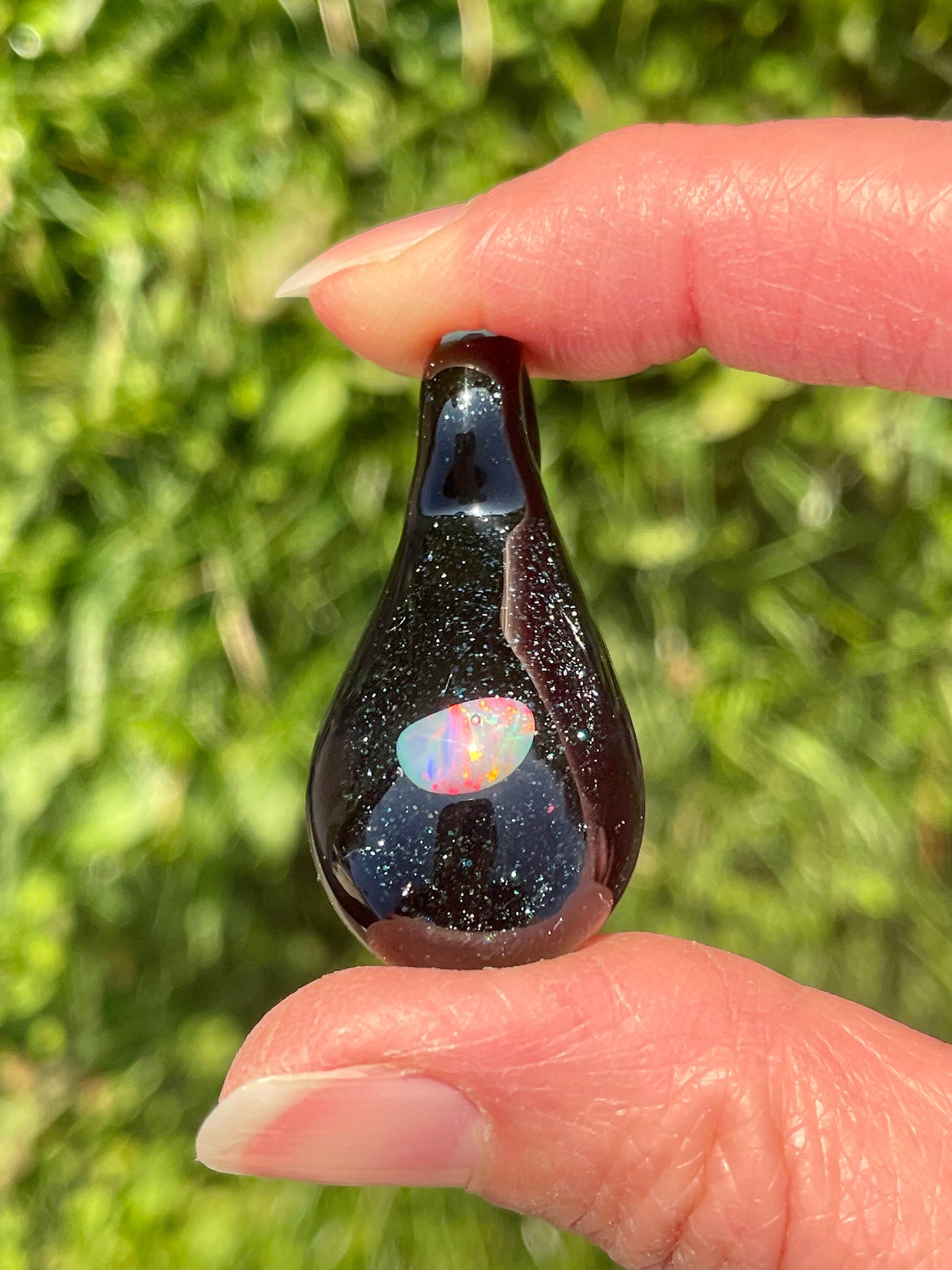 Small Glass Pendant, Black Lampwork Focal Bead, Opal Necklace, Unique October Birthday Gift, Heady Glass Galaxy Opal Pendant, Blown Glass