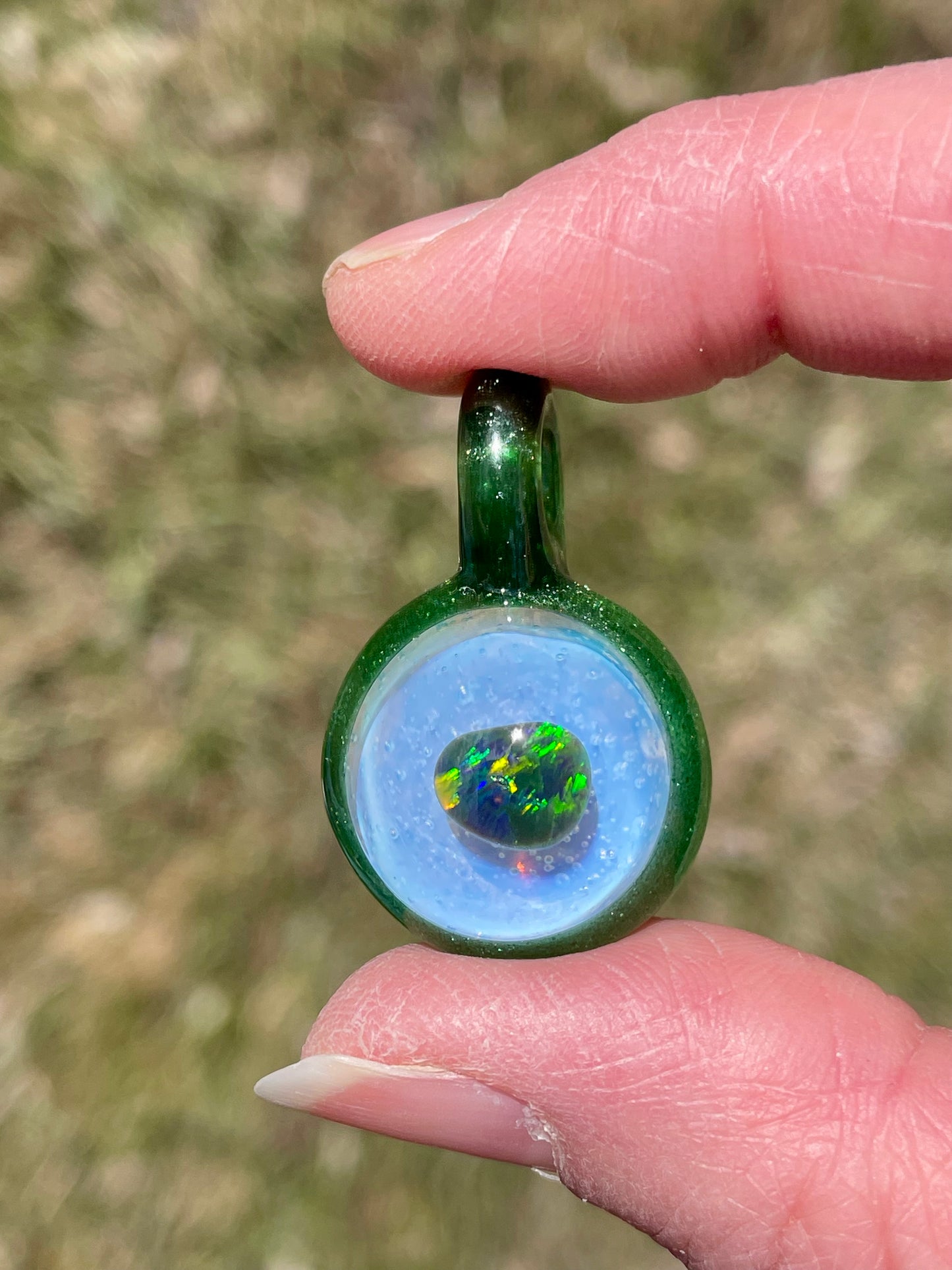 Small Glass Opal Pendant, Green Blown Glass Pendant, Lampwork Focal Bead, Mini Opal Necklace, Glass Cabochon, Unique Birthday Gift Idea