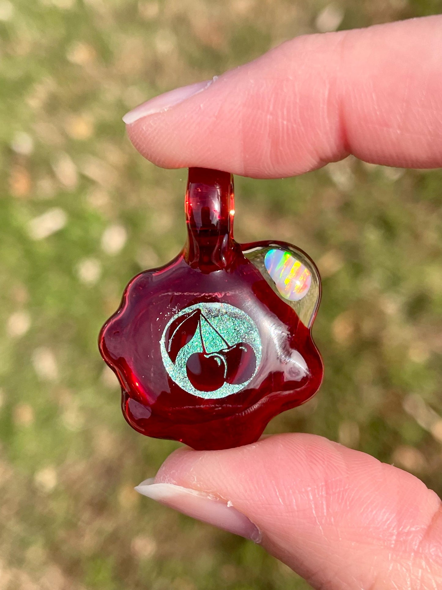 Red Cherry Necklace Gift for Women - Blown Glass Dichroic Pendant - Sister Birthday Gift - Lampwork Focal Charm Bead - Unique Valentine Gift