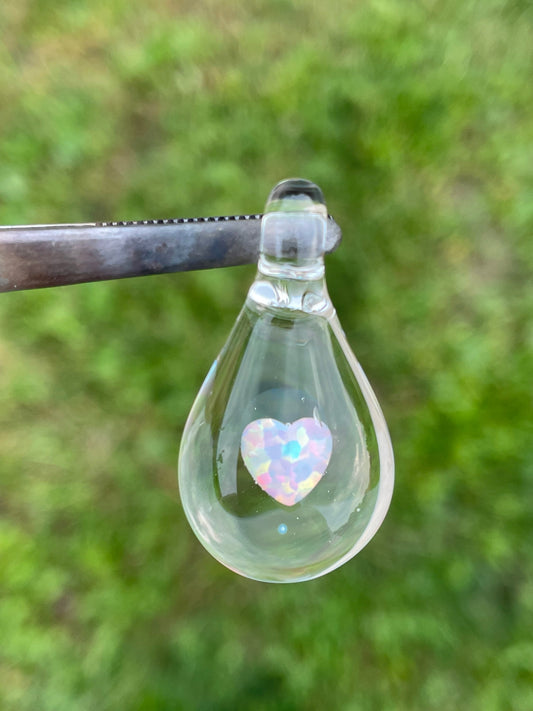 Simple Heart, Glass Teardrop Necklace for her, Blown Glass Opal Heart Pendant, Love Opal Mystical Crystal, Heart Necklace for Girlfriend,